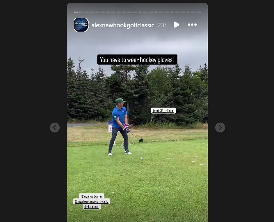 Curtis Joseph pictured with his golf club while taking a shot (IG Alex Newhook Golf Classic)