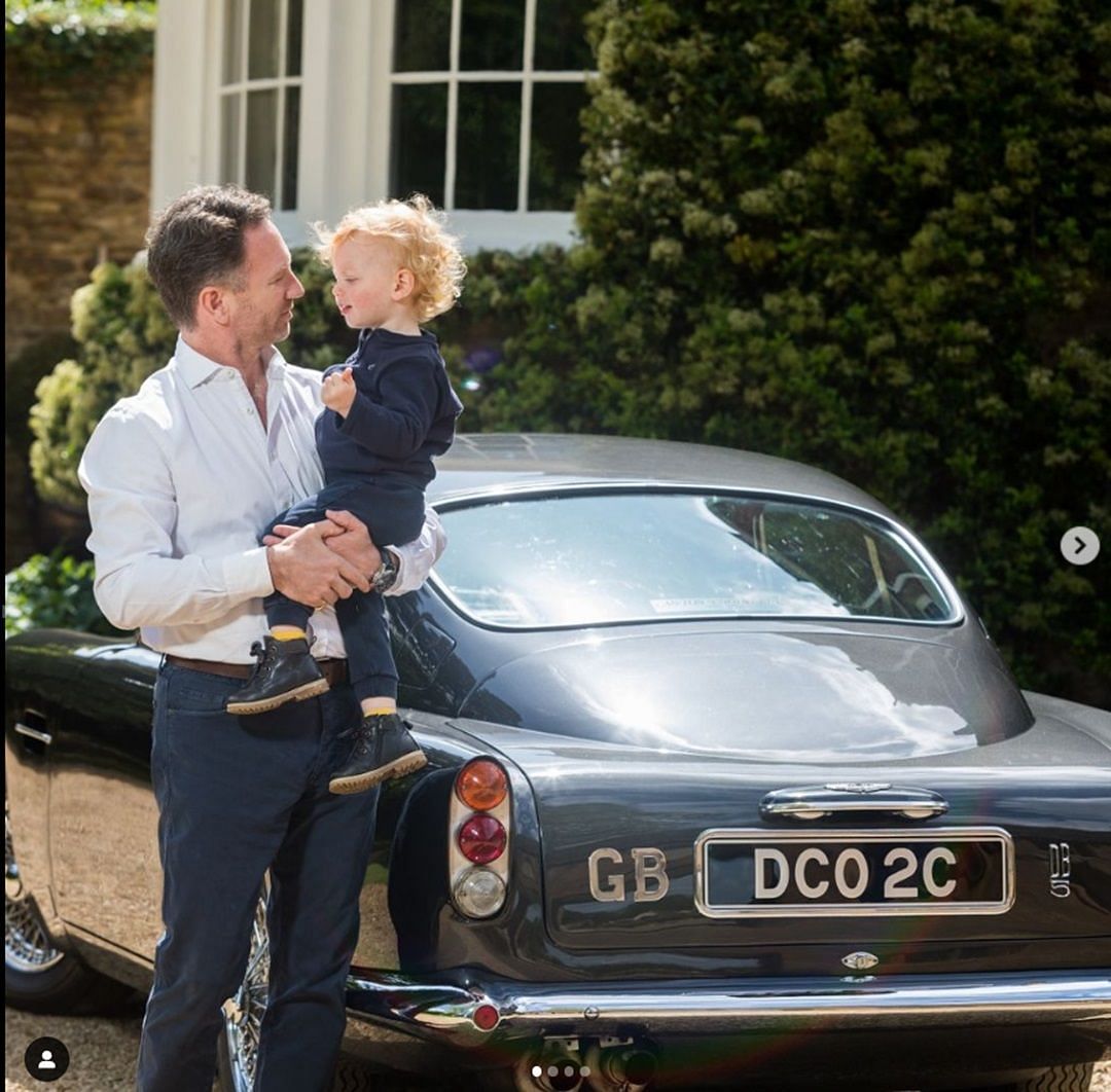 Christian Horner with his son Monty in front of his Aston Martin DB5 (Source: @therealgerihalliwell on Instagram)