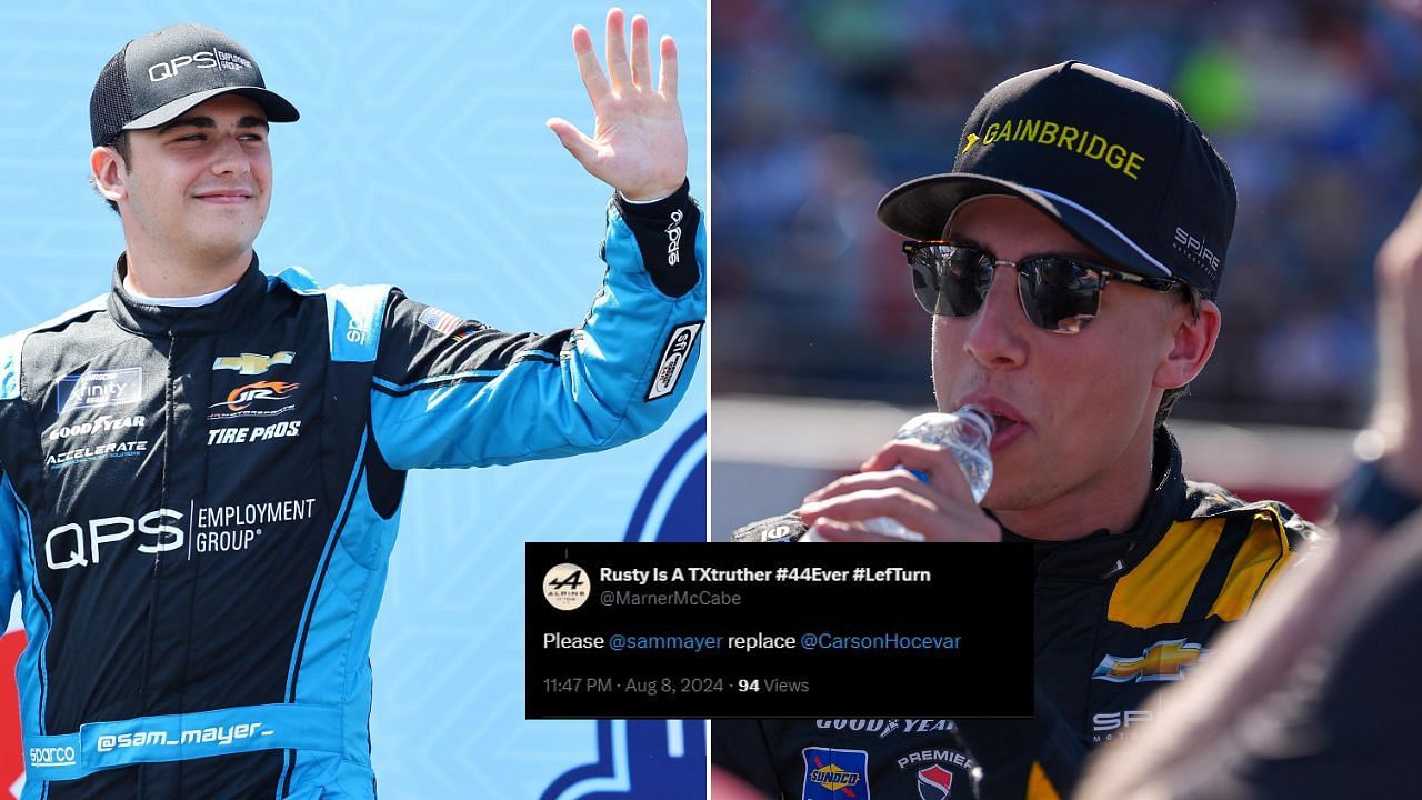 Sam Mayer and Carson Hocevar. Image credits: Mike Dinovo (left), Jim Dedmon-USA TODAY Sports (right) and X