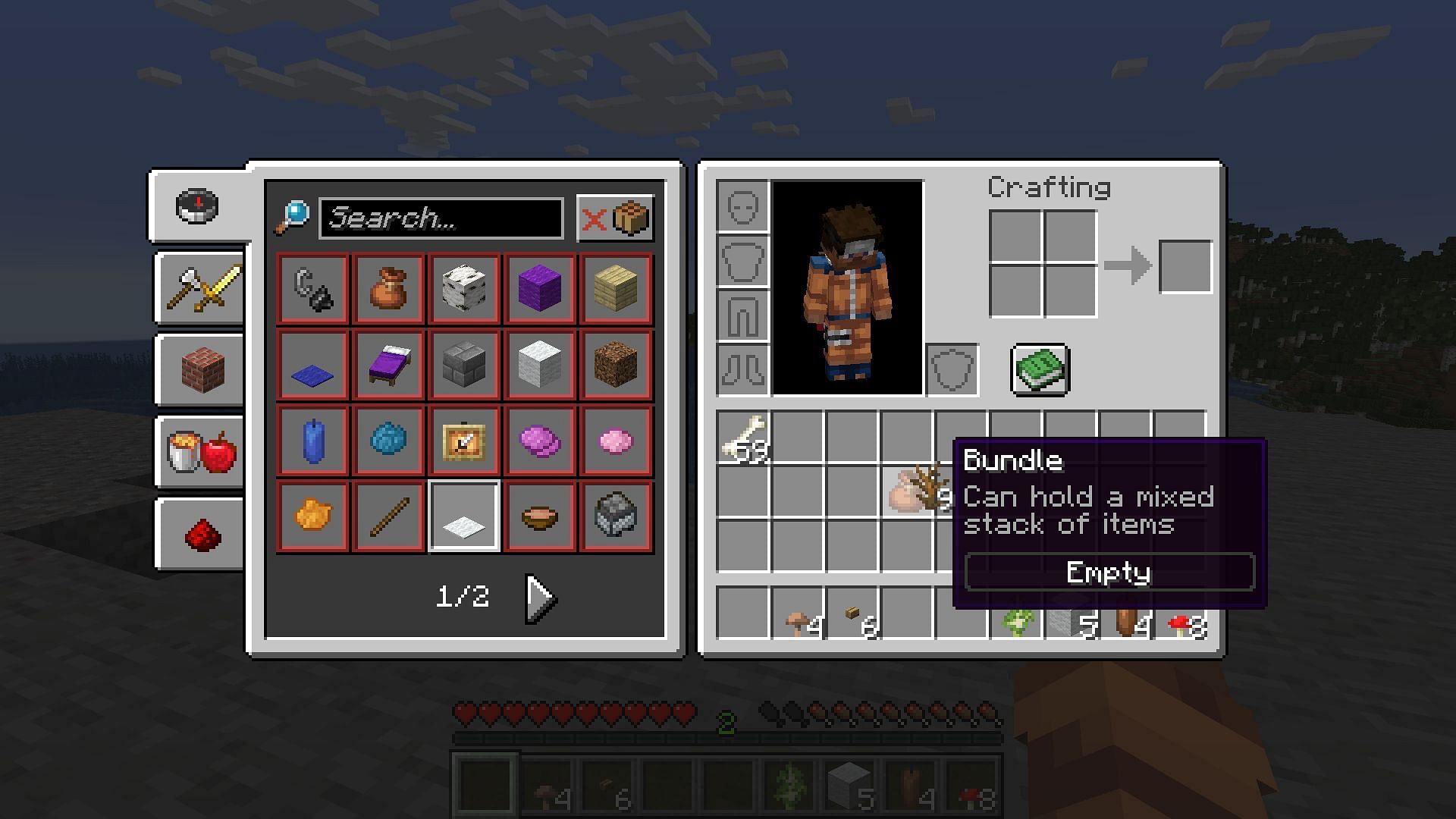 Items can be placed into a bundle, or the bundle can be placed over items (Image via Mojang)