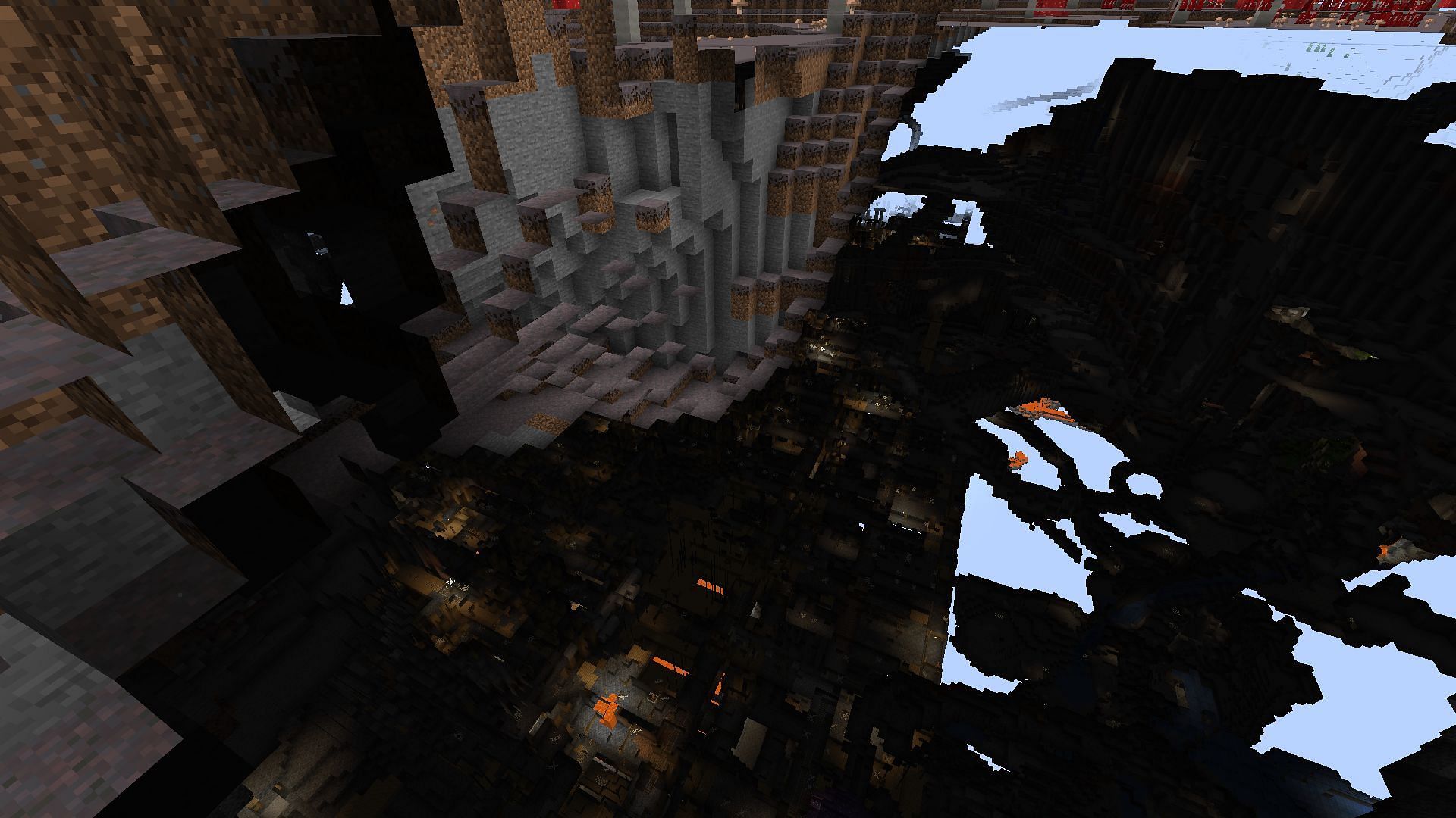 The infinite mineshaft under the seed&#039;s mushroom island (Image via Mojang)