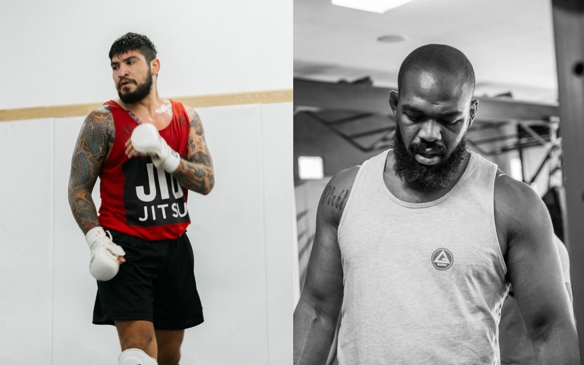 Dillon Danis (left) reacts to a photo of Jon Jones (right) and Gordon Ryan. [Images courtesy: @dillondanis on Instagram, @jonnybones on X]