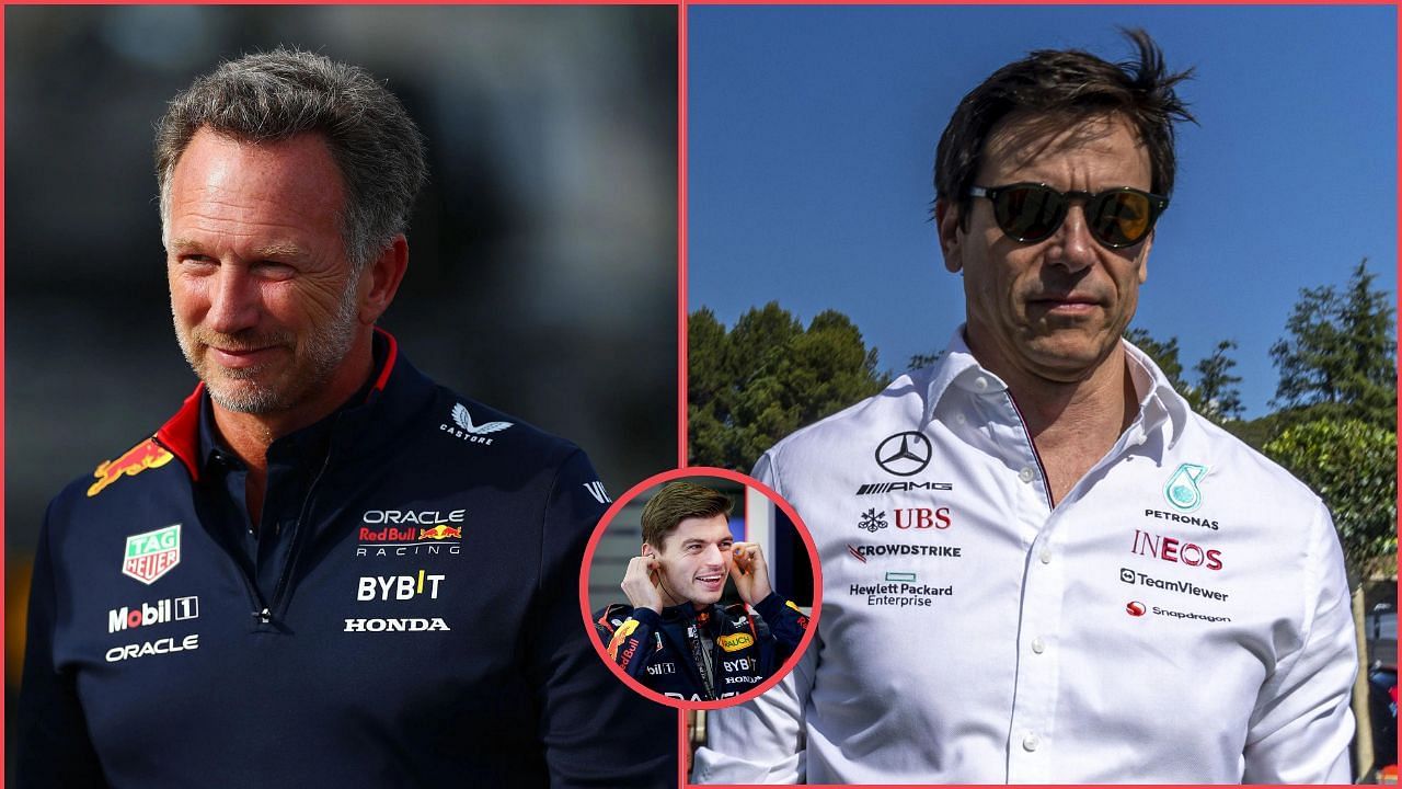 Christian Horner (L), Toto Wolff (R), and Max Verstappen (C). Credit: Getty Images