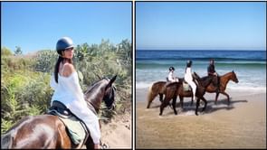 Max Verstappen’s girlfriend Kelly Piquet and her daughter Penelope enjoy horse riding on a beach