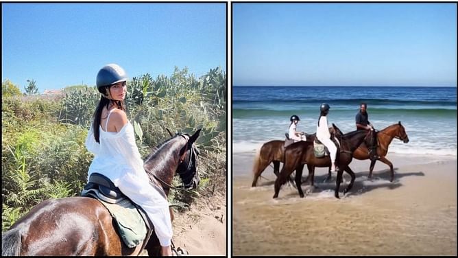 Max Verstappen’s girlfriend Kelly Piquet and her daughter Penelope enjoy horse riding on a beach