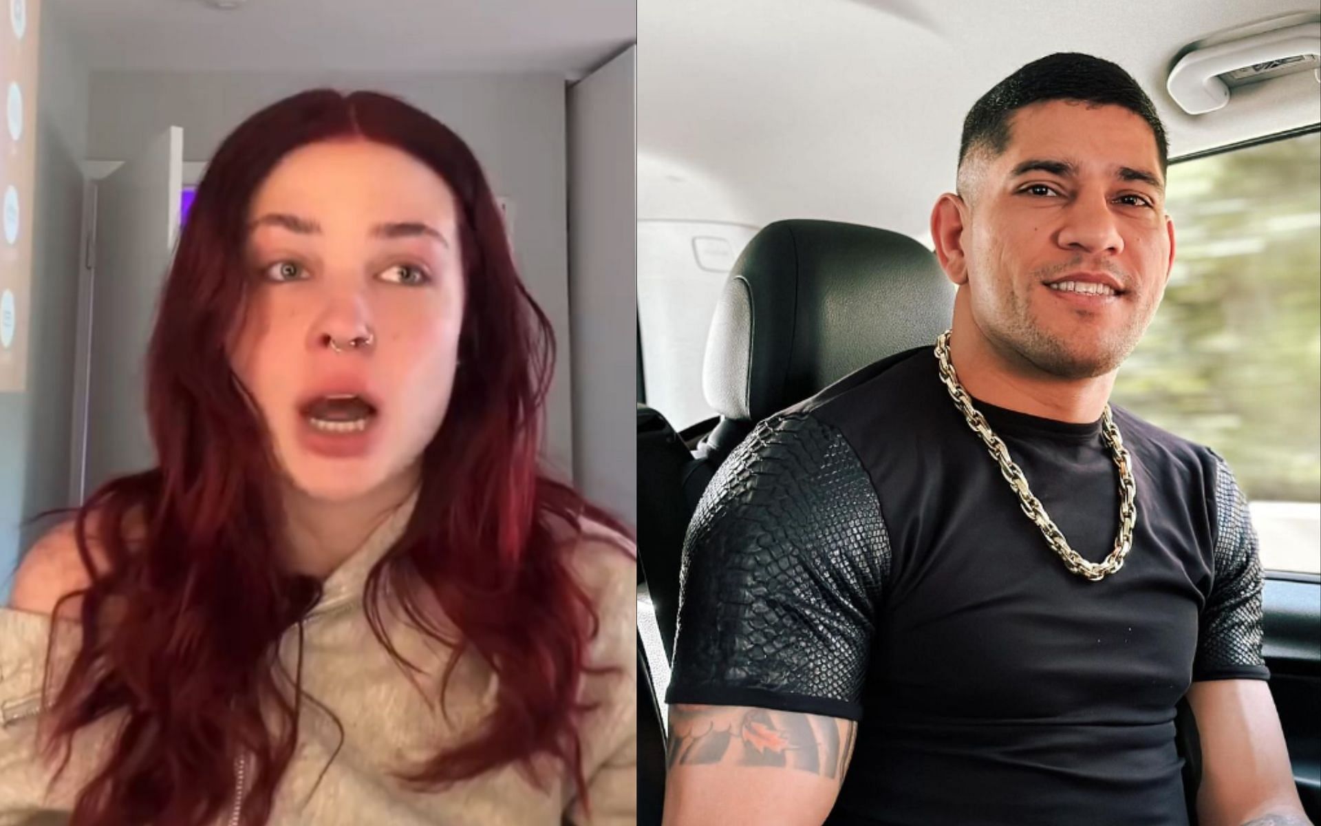 Meredith Brown (left) has taken down her original video accusing Alex Pereira (right) of rape. [Image credit: @AFeldmanMMA on X, @alexpoatanpereira on Instagram]