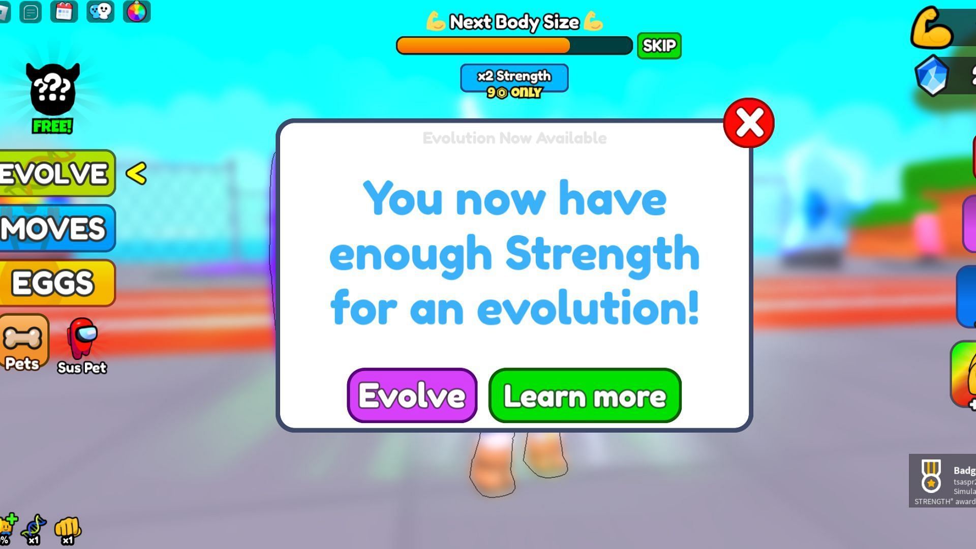 Evolve your DNA to increase muscle growth (Image via Roblox)