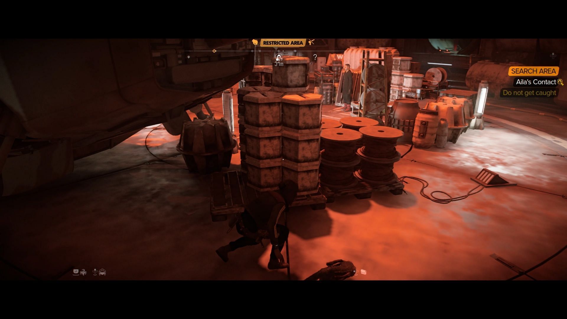 Your target&#039;s in the Crimson Dawn base - be careful (Image via Ubisoft)