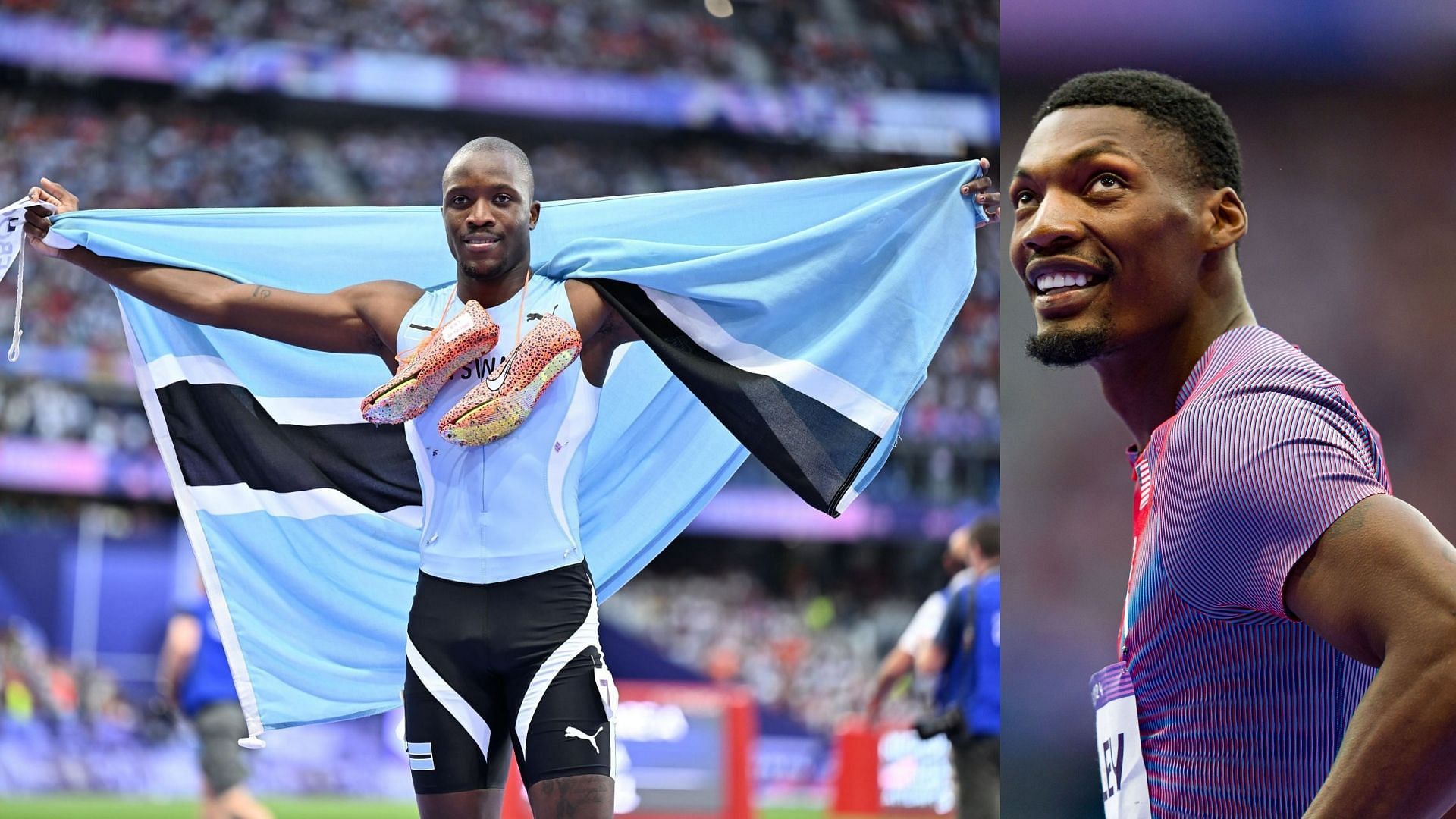 Fred Kerley reacts to Letsile Tebogo winning 200m gold at the Paris Olympics (Images: All via Getty)