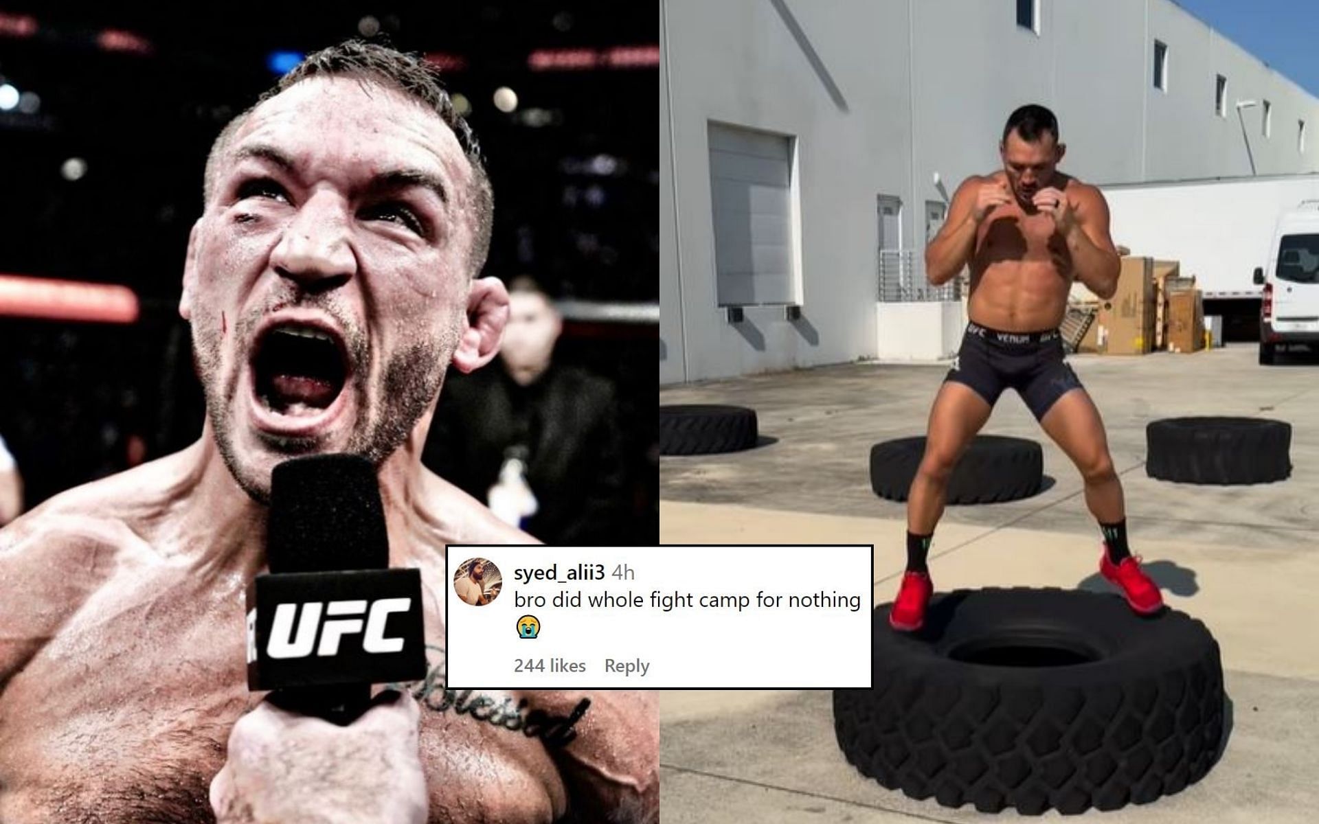 Fans react (insert) to Michael Chandler (left) after he posted a video of his UFC 303 fight camp training (right). [Image credit: @mikechandlermma on Instagram]