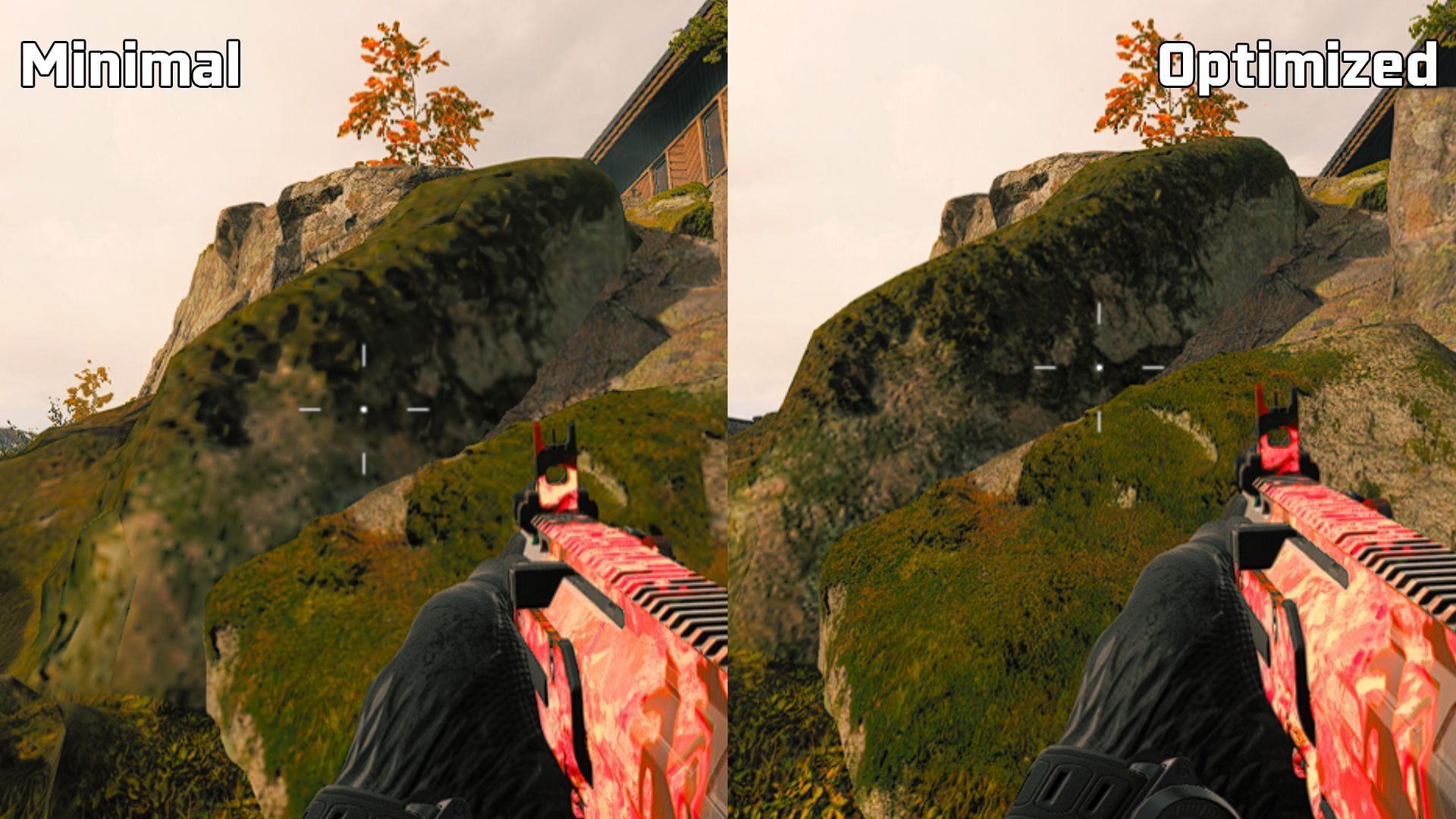 Comparing Minimal and Optimized On-Demand Texture Streaming setting in MW3 and Warzone. (Images via Activision)