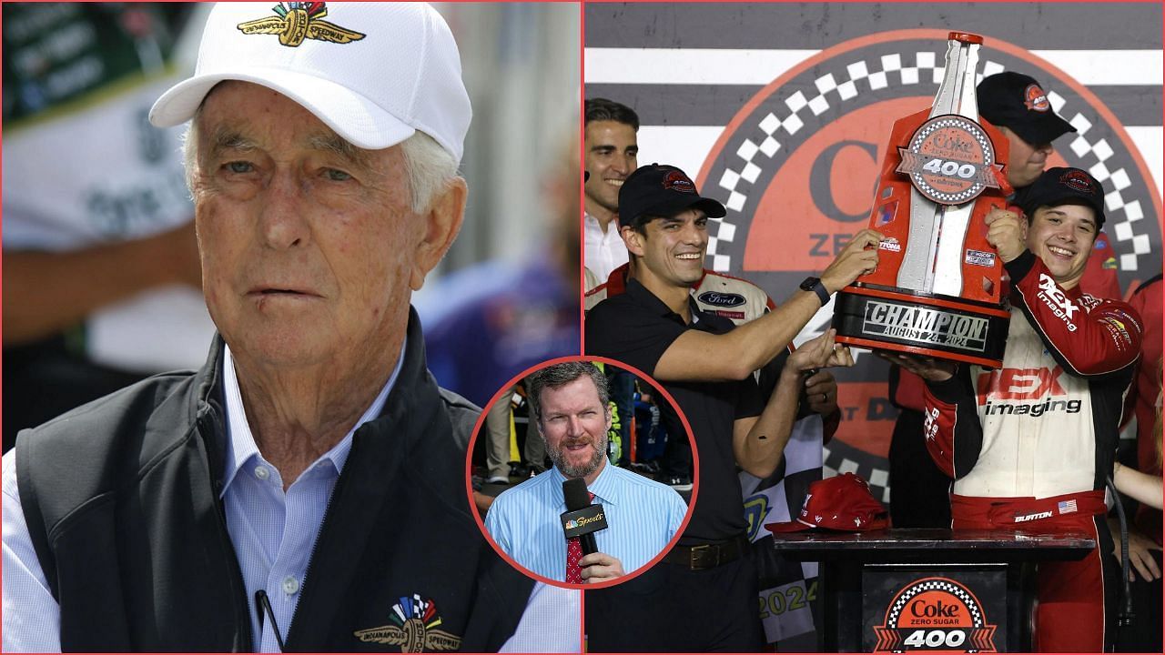 Roger Penske and Harrison Burton (from Left). Dale Earnhardt Jr. (circle) Credit: Getty Images