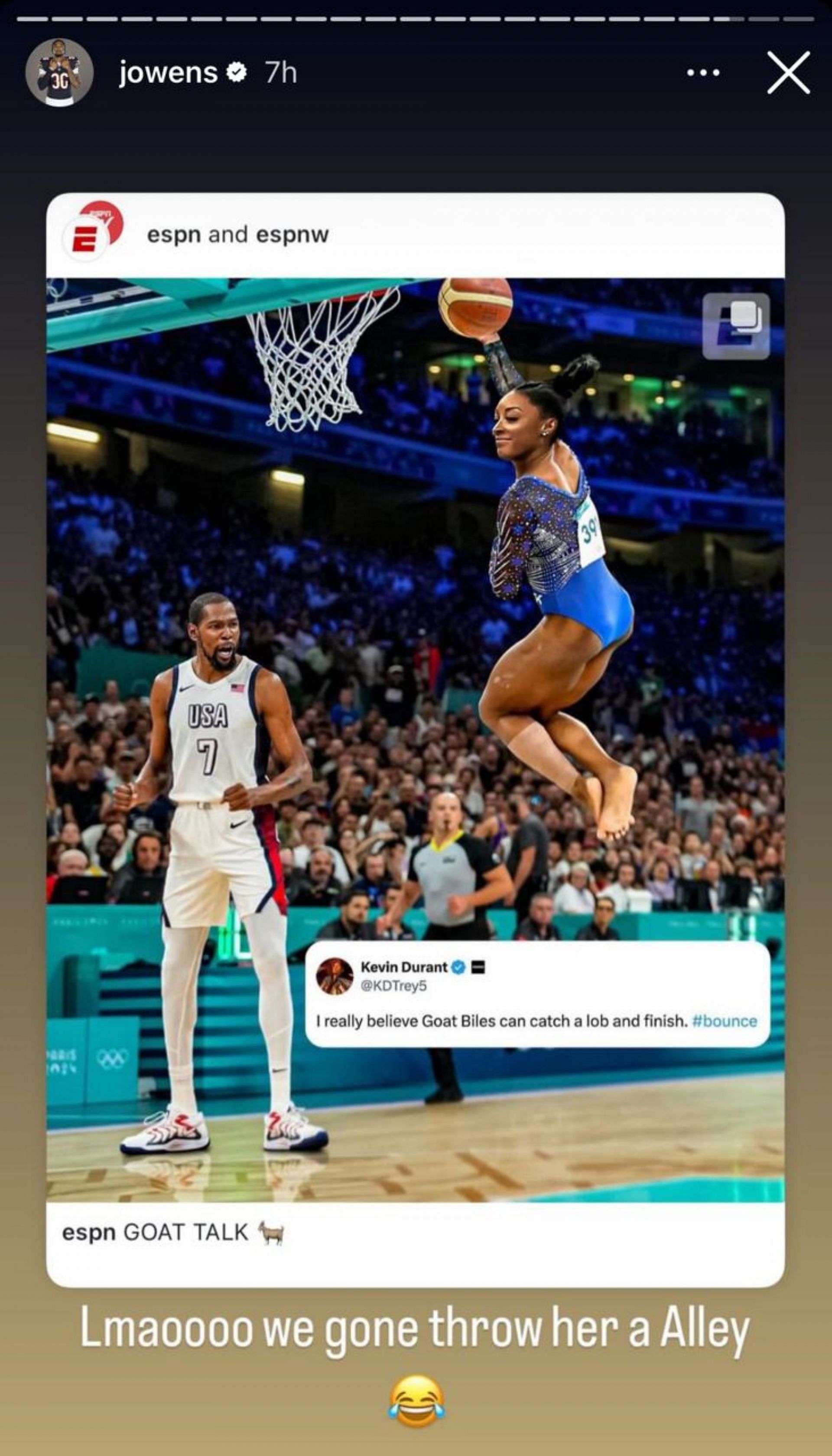 Jonathan Owens&#039; Instagram story on Simone Biles; Instagram - @jowens