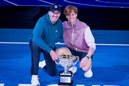 Darren Cahill (L) and Jannik Sinner (R) after the Italian's 2024 Australian Open title triumph (Source: Getty)