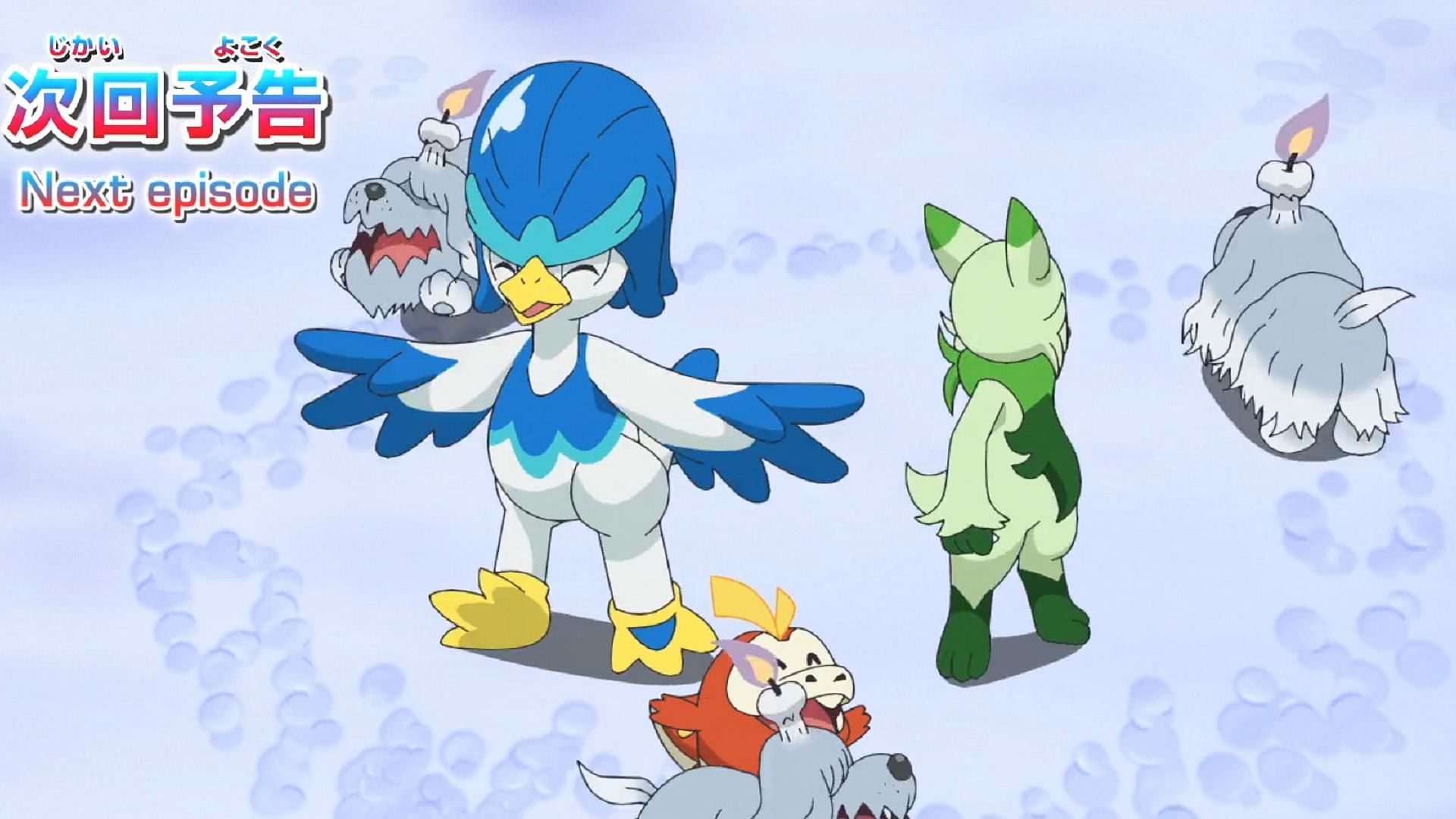 Our heroes&#039; Pokemon meets a group of Greavard in Pokemon Horizons Episode 61 (Image via The Pokemon Company)