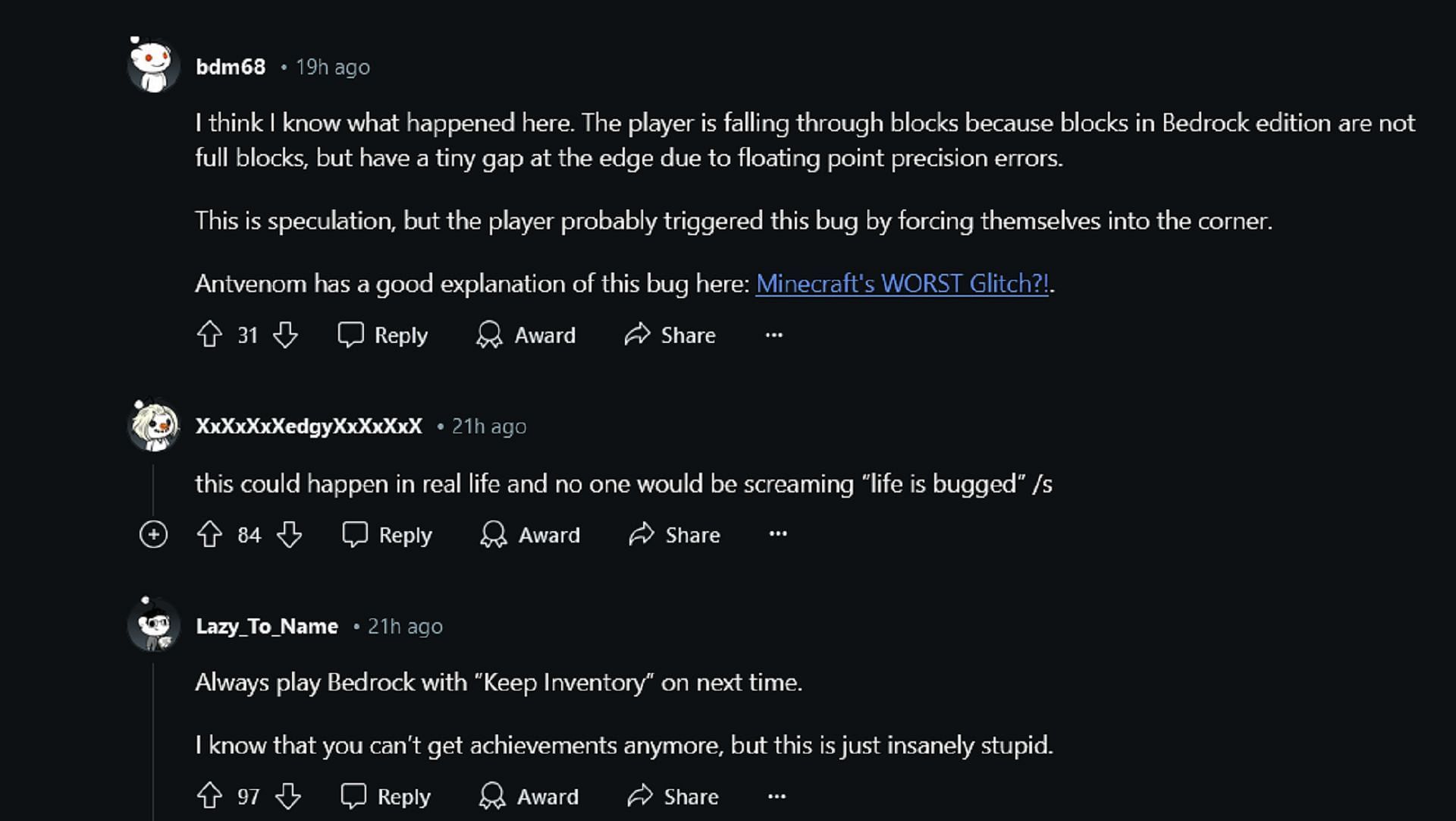 Minecraft fans discuss another fatal bug in Bedrock Edition (Image via Reddit)