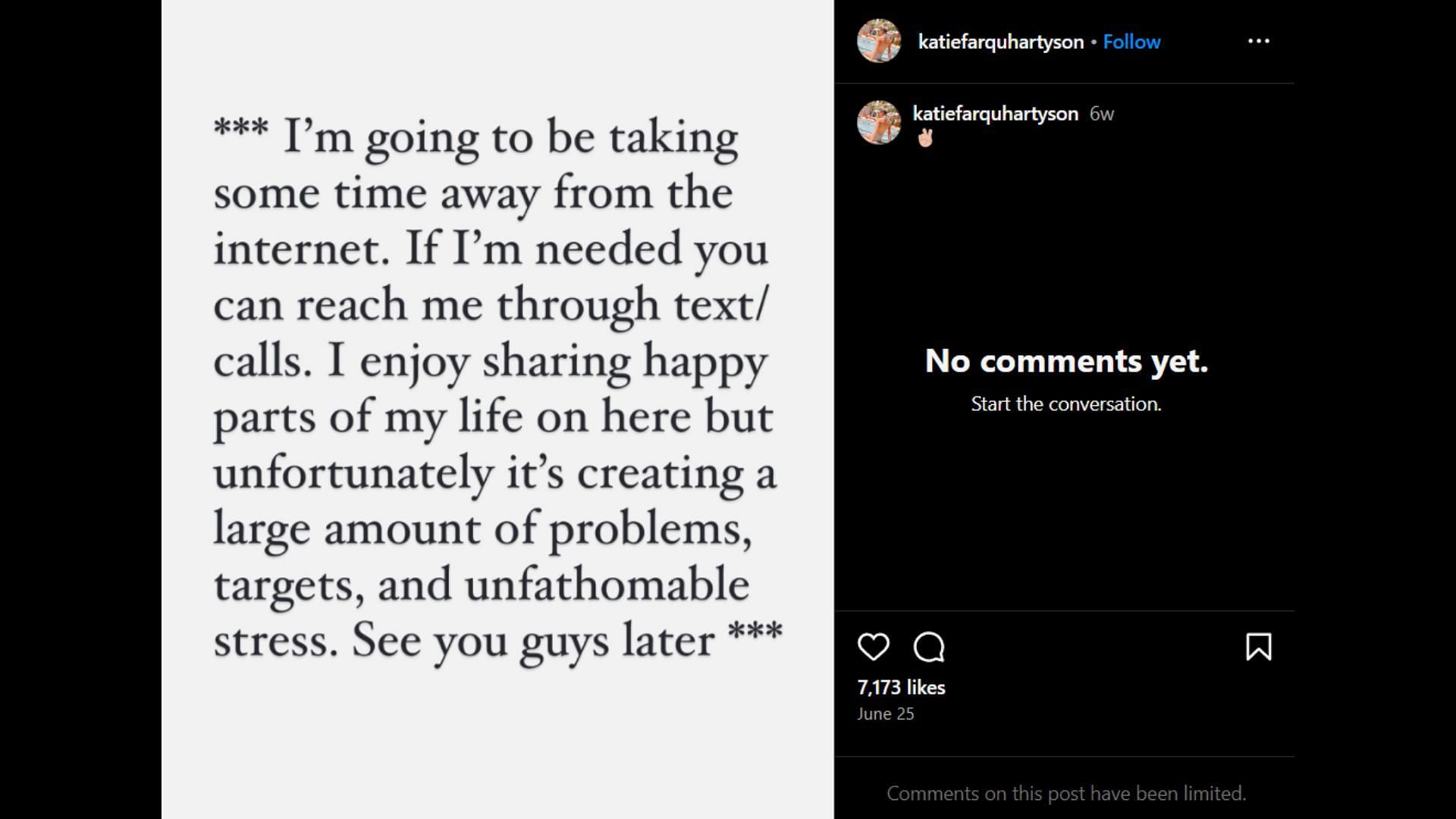 Katie&#039;s post made on June 25 addressing the controversy surrounding her ex-partner (Image via katiefarquhartyson/Instagram)