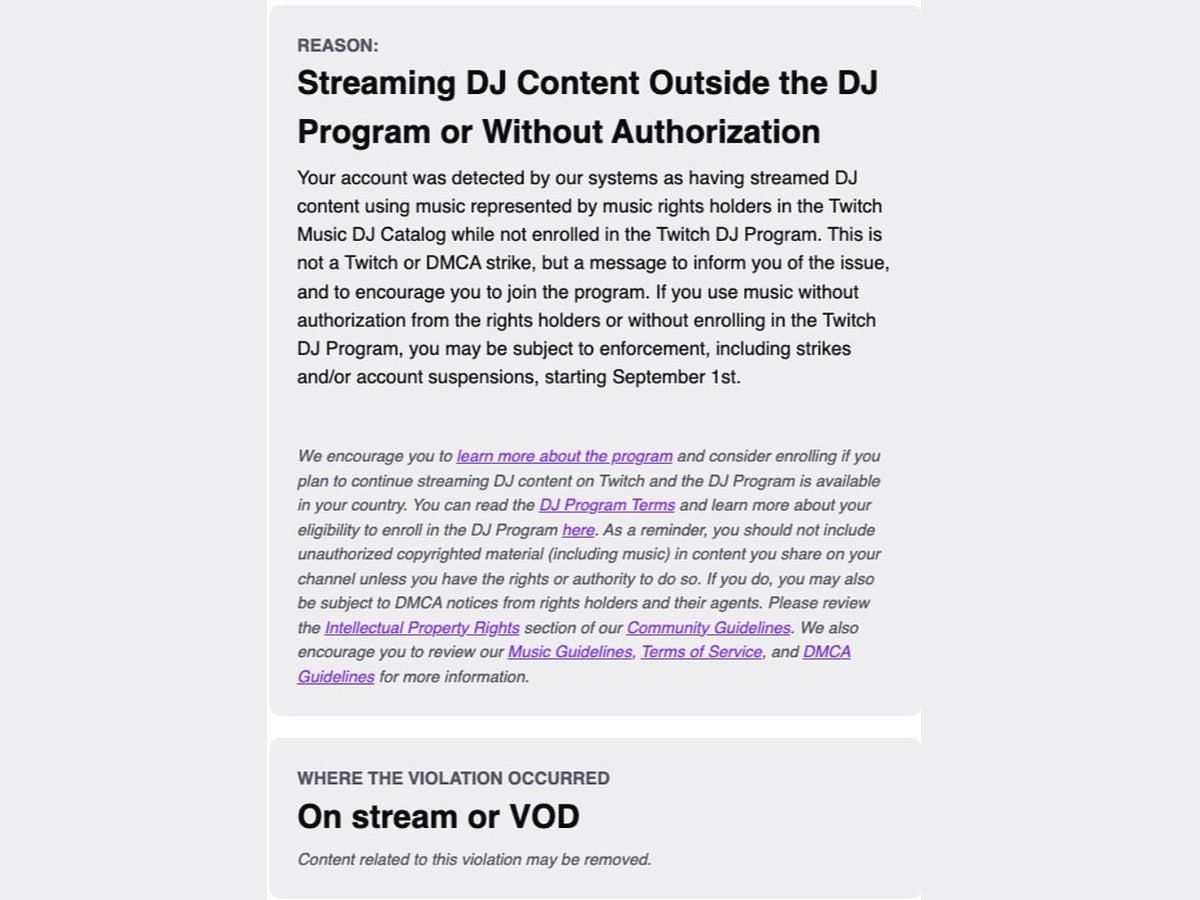 Twitch streamers have to sign up for DJ Program to stream DJ Content (Image via X/@zachbussey)