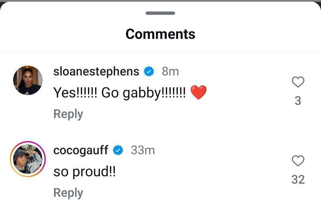 Coco Gauff and Sloane Stephens' comments on Gabby Thomas' post