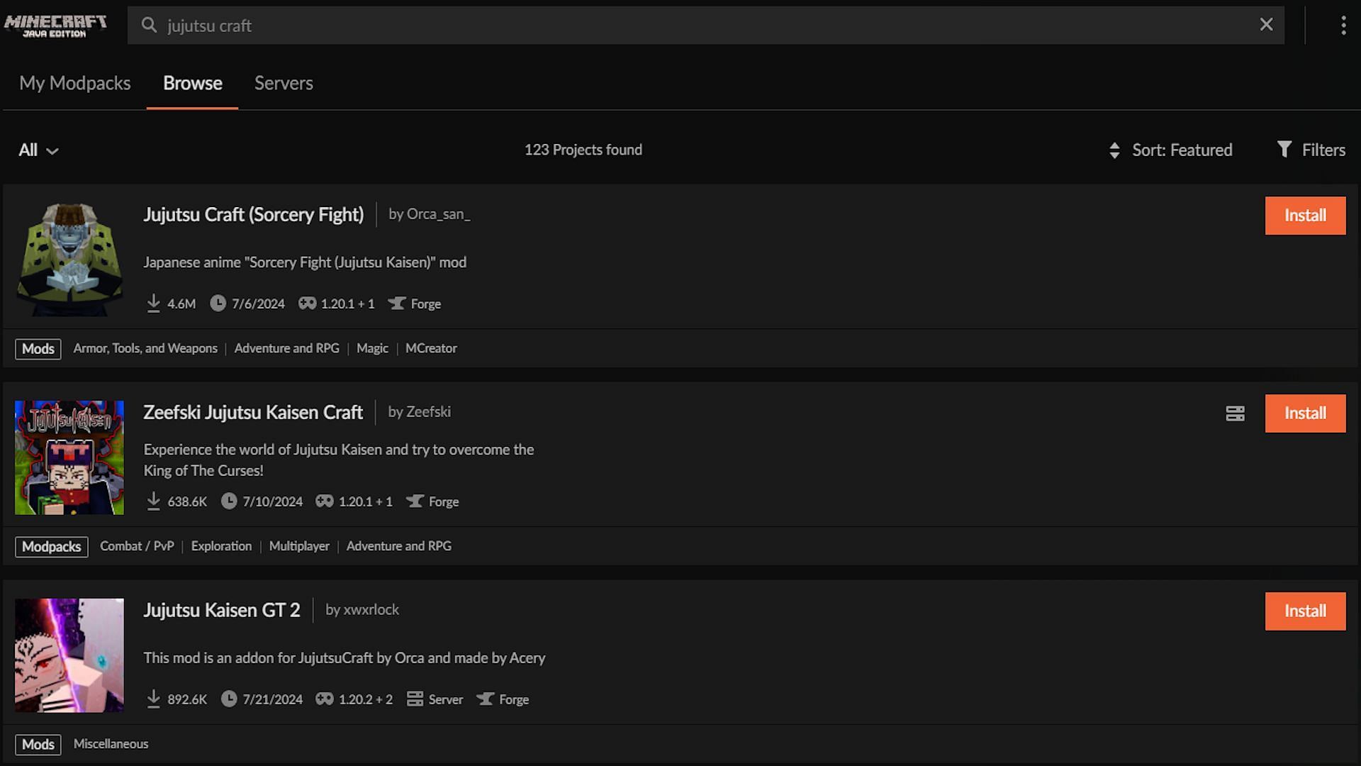 The search results for &quot;Jujutsu Craft&quot; (Image via CurseForge)