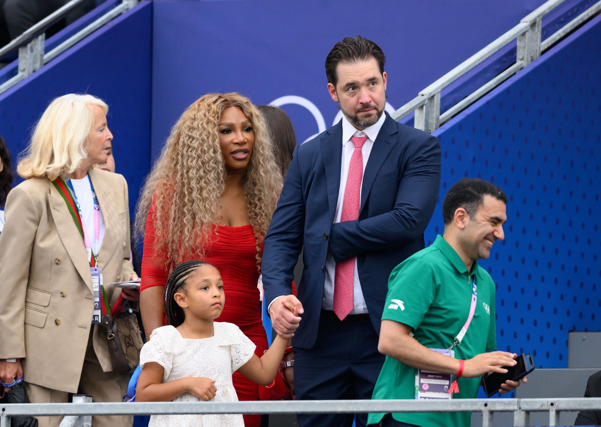 Serena Williams at the Olympic Opening ceremony alongside Alexis Ohanian and daughter Olympia (Picture: Getty)