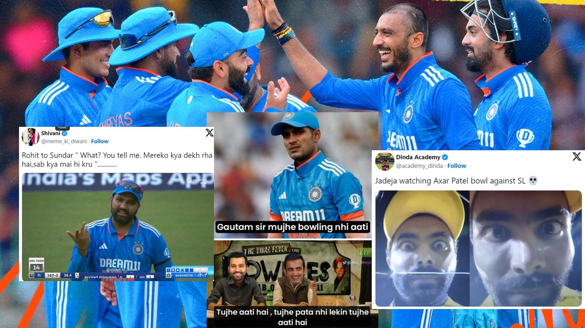 Fans react after 1st innings on Friday. (Image: BCCI, @academy_dinda, desi_bhayo88, @meme_ki_diwani/X)