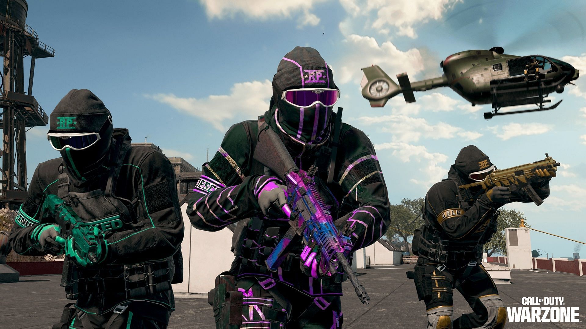 Three masked Operators in Warzone Season 5 Reloaded holding weapons