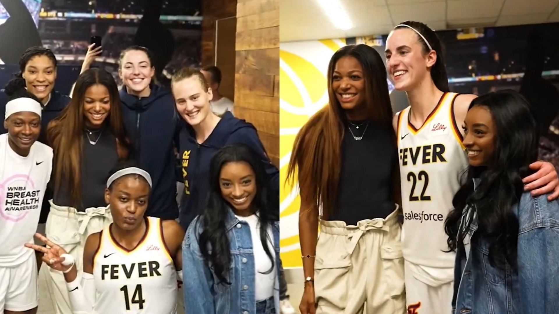 Caitlin Clark and the Indiana Fever celebrate with Simone Biles and Gabby Thomas after winning vs Connecticut (Photos from the Fever)