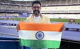 Abhishek Bachchan poses with tricolour at Stade de France ahead of Neeraj Chopra’s silver medal win at Paris 2024 Olympics