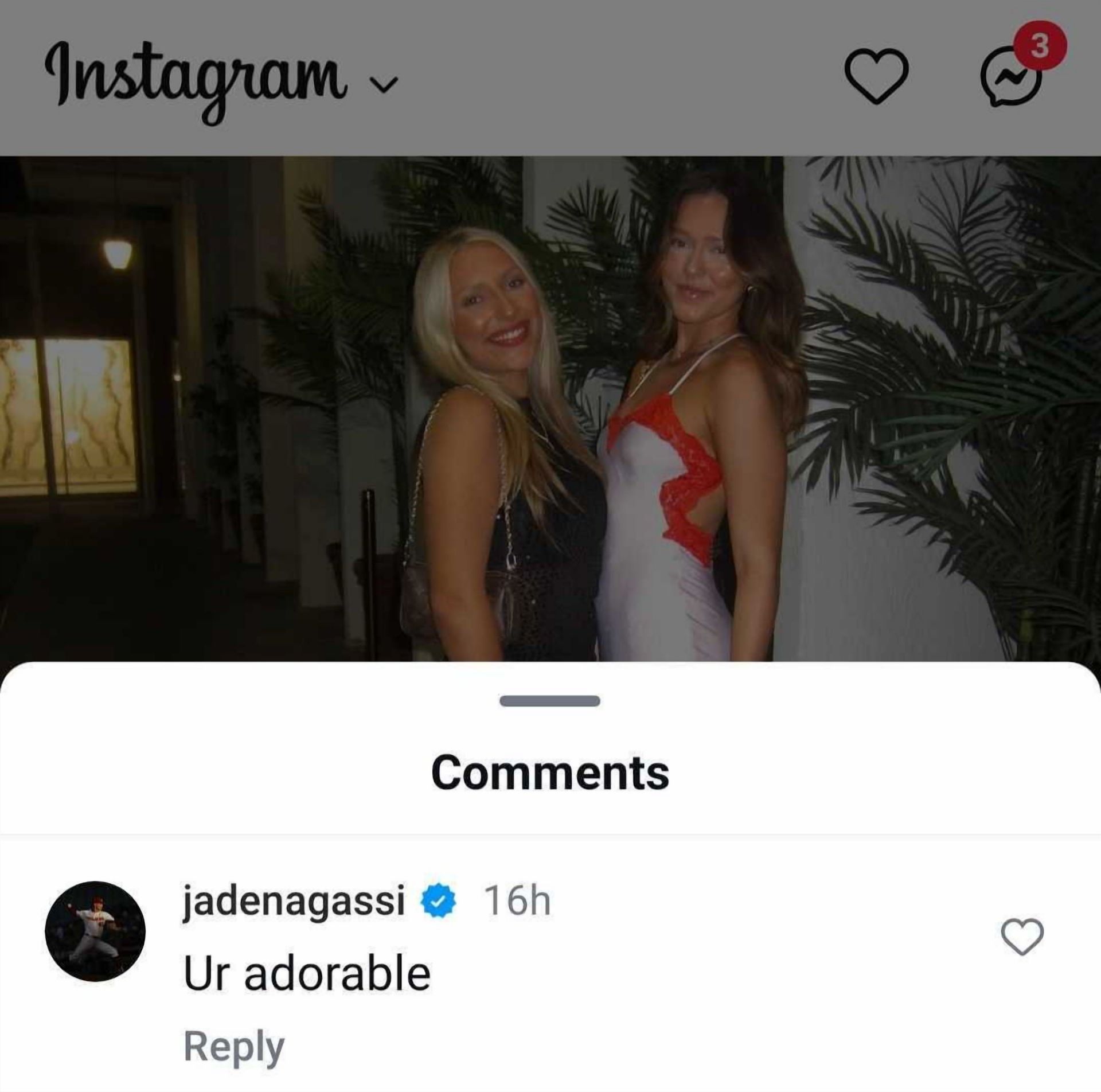 Screengrab of Jaden Agassi&#039;s comment [Image Source: Instagram]