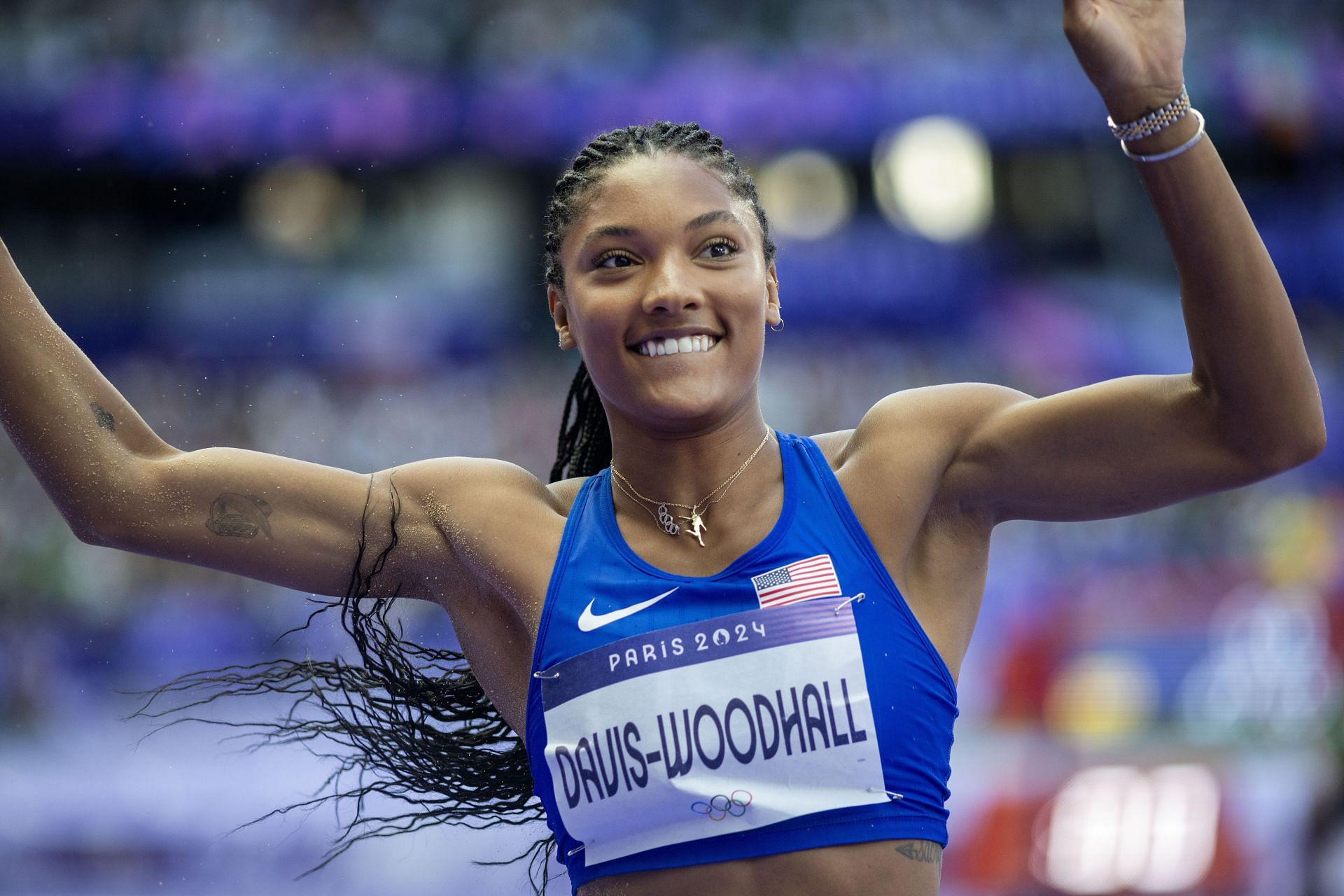 Tara Davis-Woodhall reacts during Women&#039;s Long Jump qualification during the 2024 Olympic Games in Paris, France. (Photo via Getty Images)