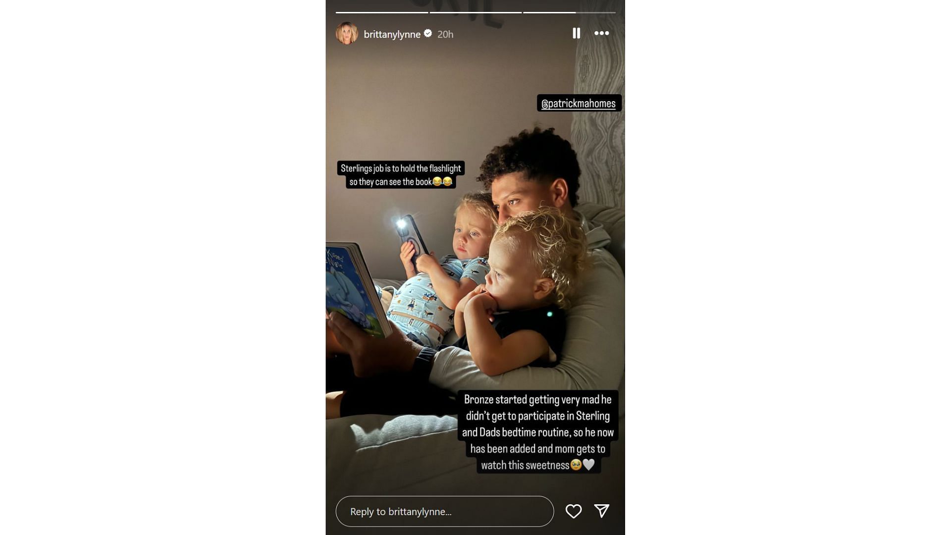 Patrick Mahomes and kids during their nighttime routine [Image credit: @brittanylynne IG]