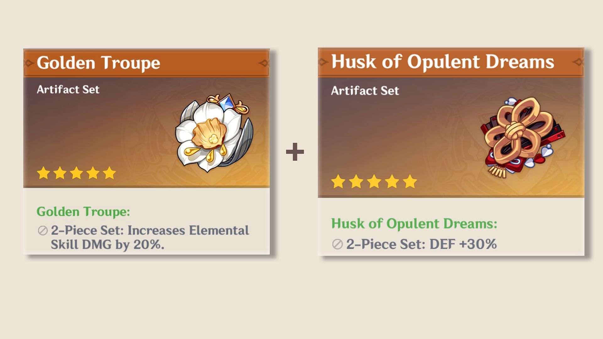 2-piece Husk of Opulent Dreams along with 2-piece Golden Troupe Artifact Sets (Image via HoYoverse)