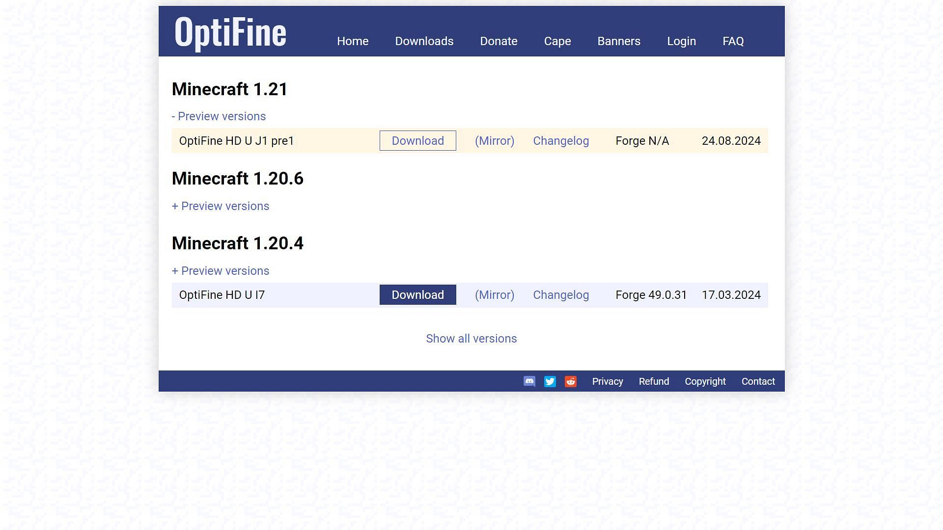 Download the latest OptiFine version from its official website (Image via OptiFine)