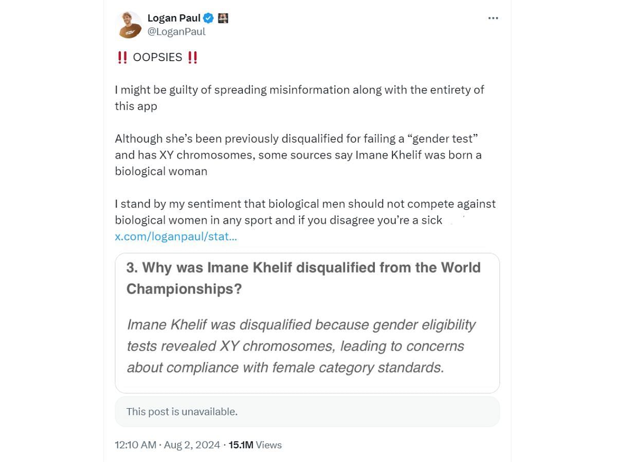 Logan Paul admits to spreading misinformation about Khelif (Image via X/ @LoganPaul)