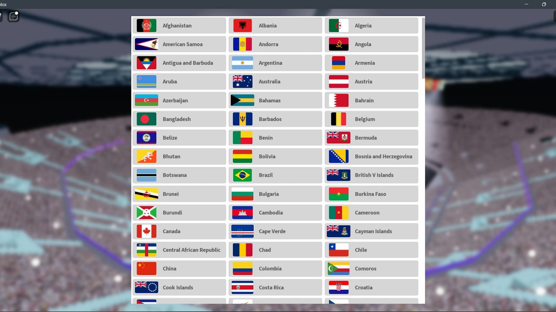 List of all the countries in World Games: Paris (Image via Roblox)