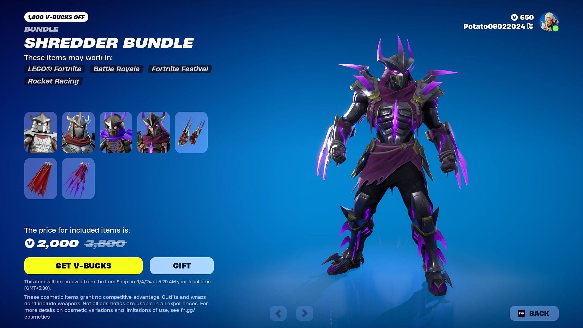 The Shredder skins will remain listed until September 4, 2024 (Image via Epic Games)