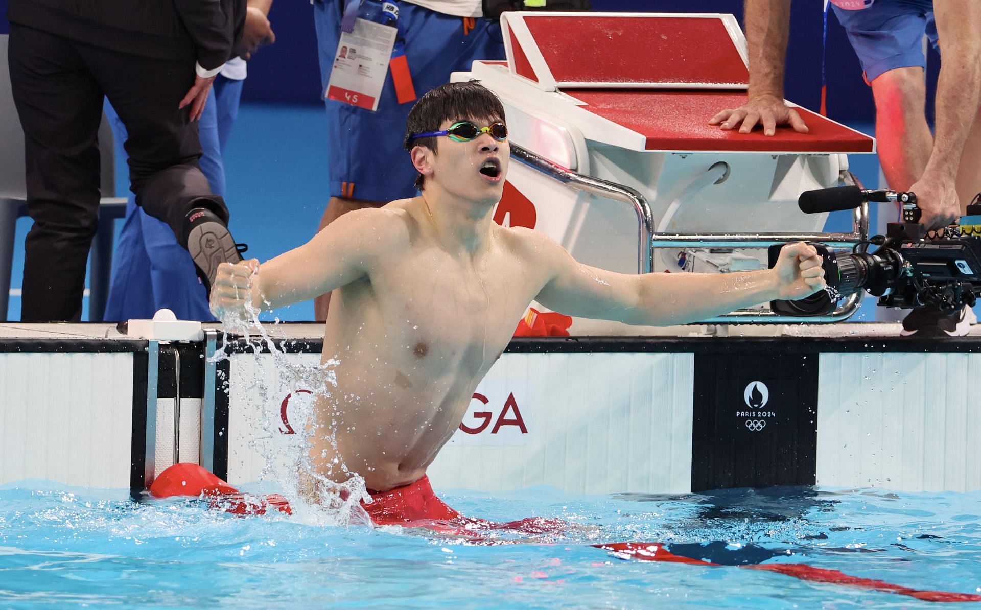 Pan Zhanle celebrates his victory after the Men&#039;s 100m Freestyle Final during the Olympic Games 2024 at Paris La Defense Arena in Paris, France. (Photo by Getty Images)