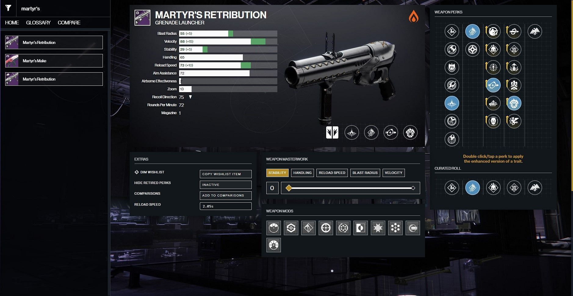 Martyr&#039;s Retribution PvE god roll (Image via D2Gunsmith/Bungie)