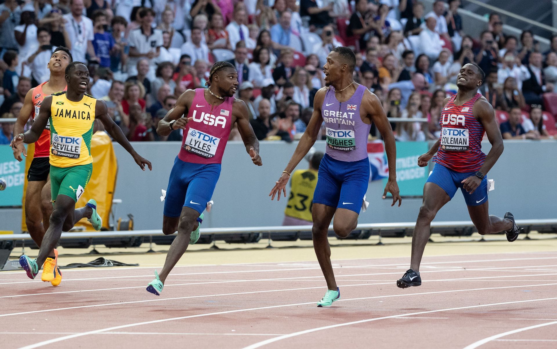 Noah Lyles of the USA, Zharnel Hughes of Great Britain and Christian Coleman of the USA at the World Championships 2023. Photo: Sven Hoppe/dpa (Photo by Sven Hoppe/picture alliance via Getty Images)