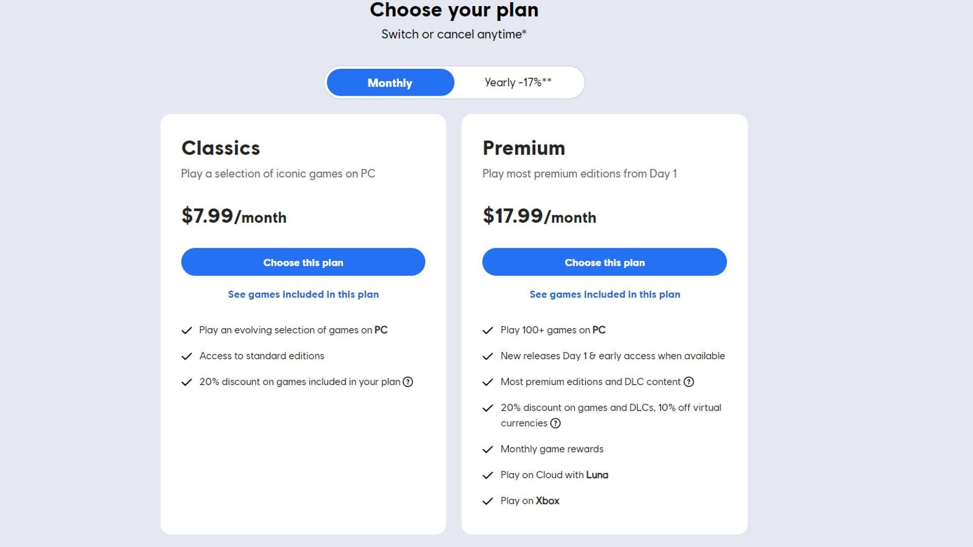 Pricing and plans for Ubisoft Plus subscription service (Image via Ubisoft)