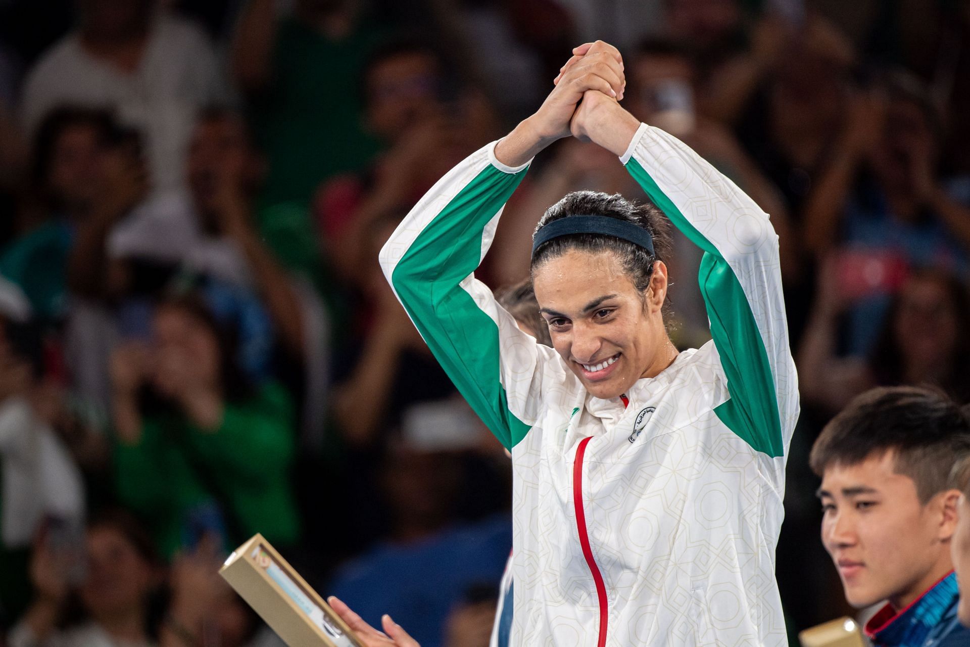 Imane Khelif celebrates her gold medal win during the Olympic Games 2024 in Paris, France. (Photo by Getty Images)