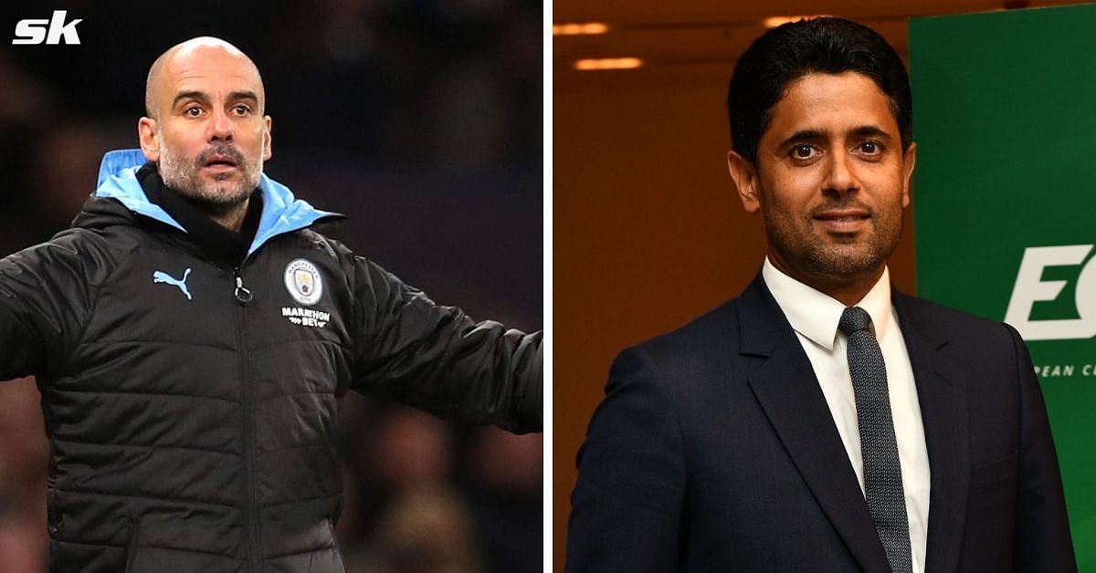 Manchester City boss Pep Guardiola (left) and PSG president Nasser Al-Khelaifi