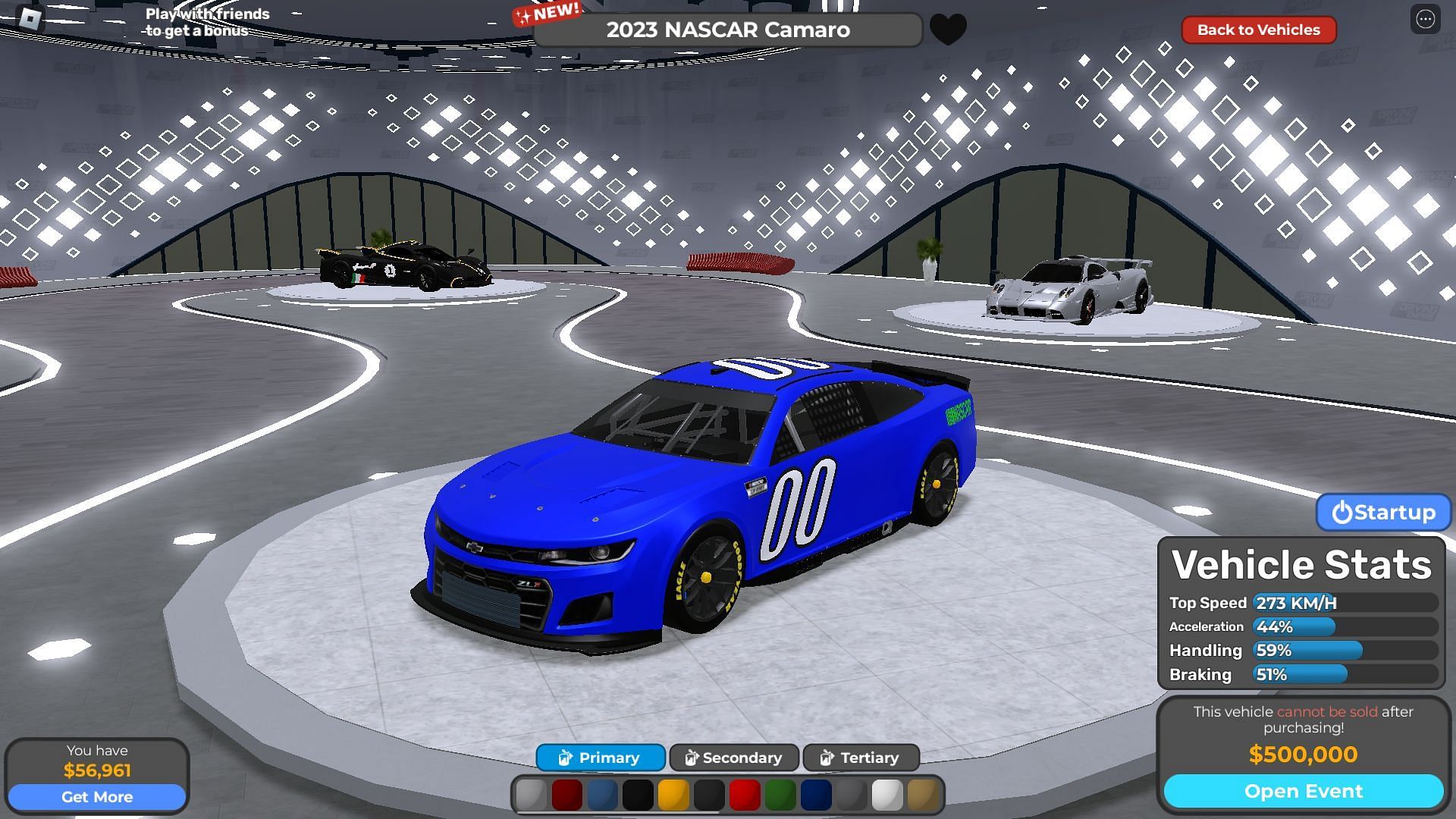 One can purchase the new 2023 NASCAR Camaro in the game (Image via Roblox)