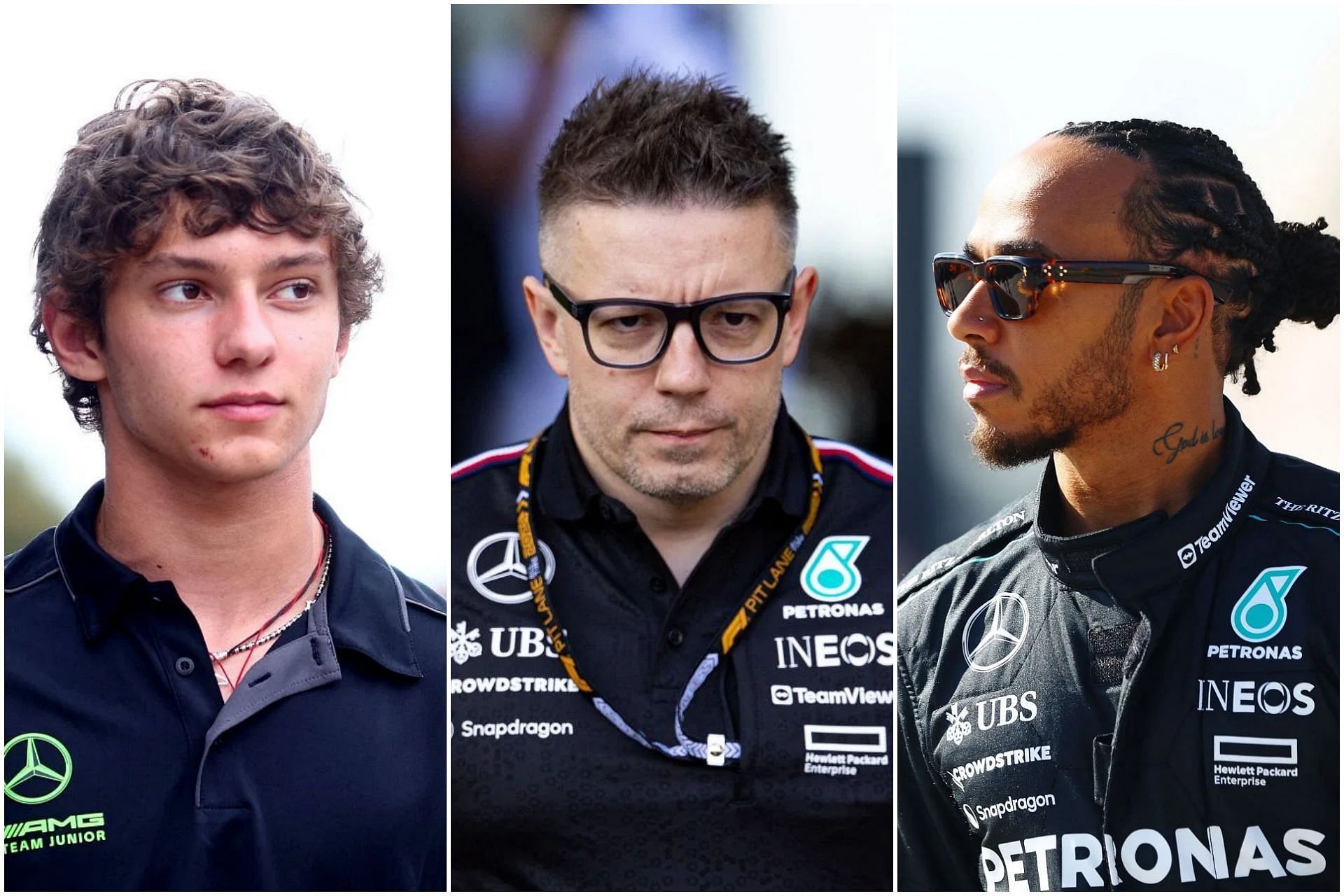 Kimi Antonelli (L), Peter Bonnington (C), and Lewis Hamilton (R) (Images from Getty)