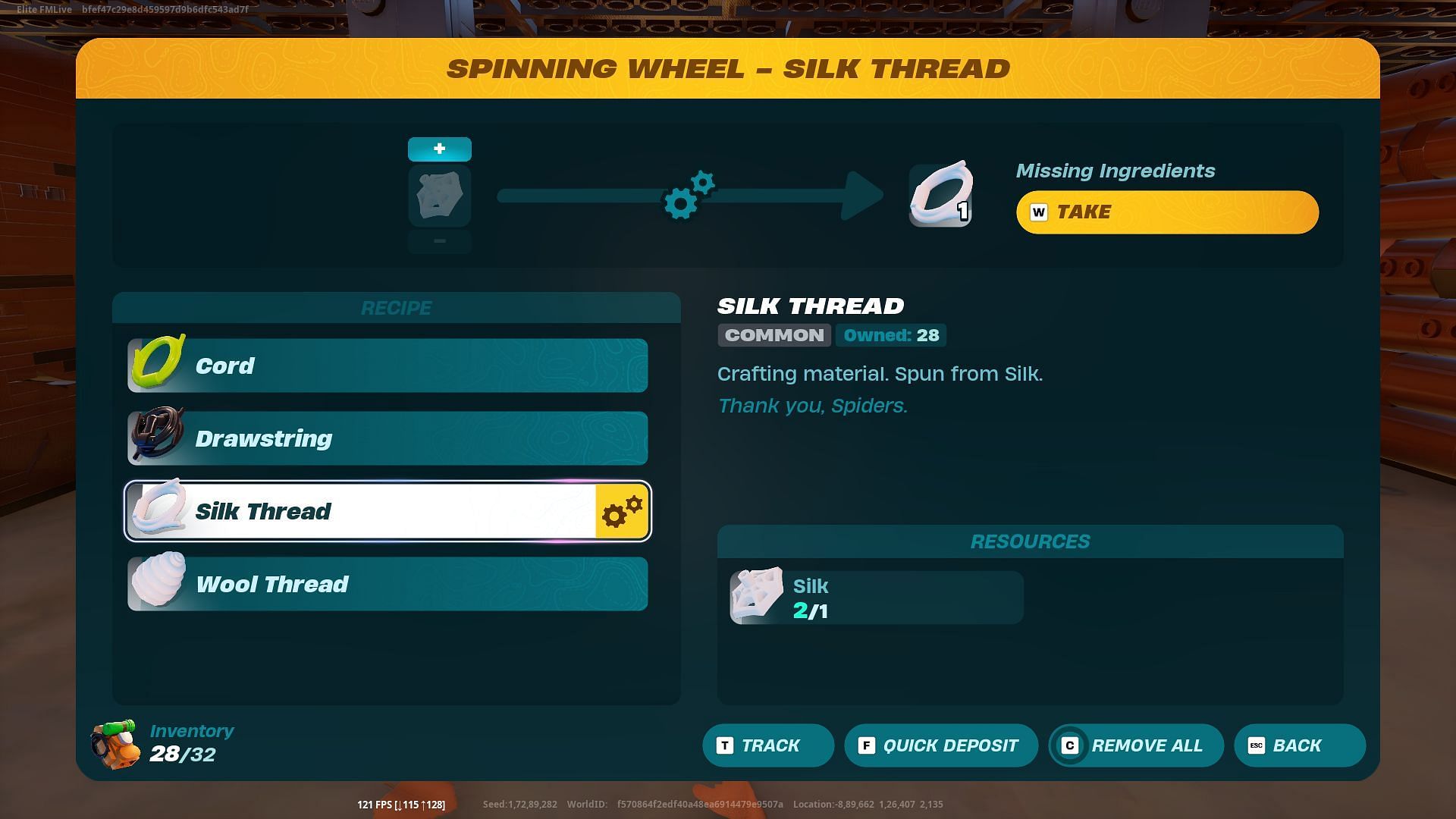 Refine Silk in the Spinning Wheel to get Silk Thread (Image via Epic Games)