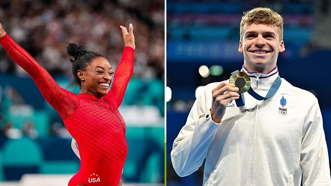 Simone Biles poses with Leon Marchand as they close record-breaking campaigns at Paris Olympics 2024