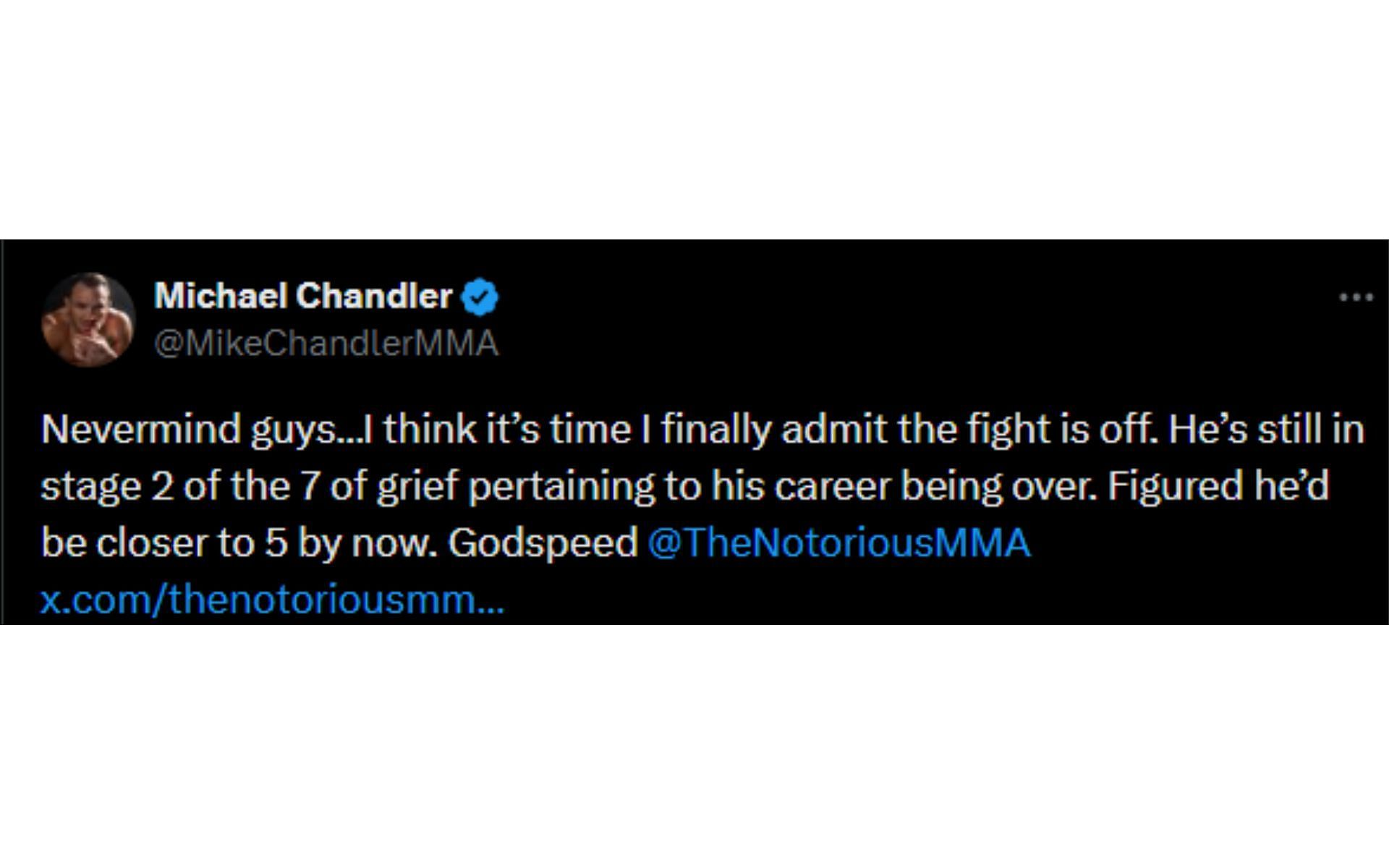 Chandler's tweet regarding McGregor [Image courtesy: @MikeChandlerMMA - X]