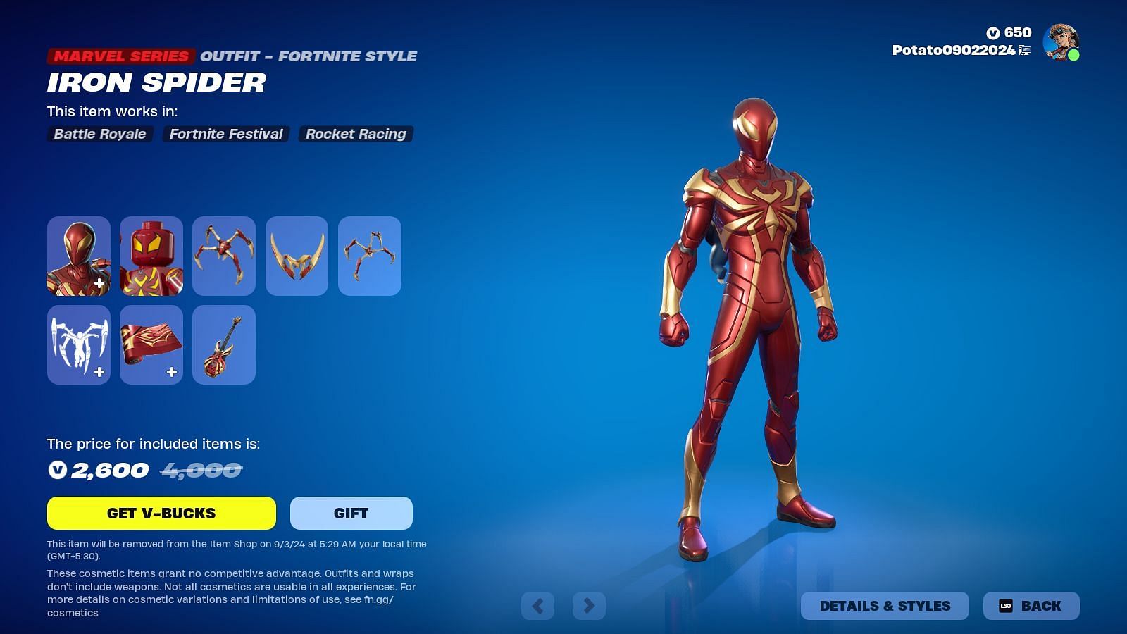 The Iron Spider skin will remain listed until September 3, 2024 (Image via Epic Games)