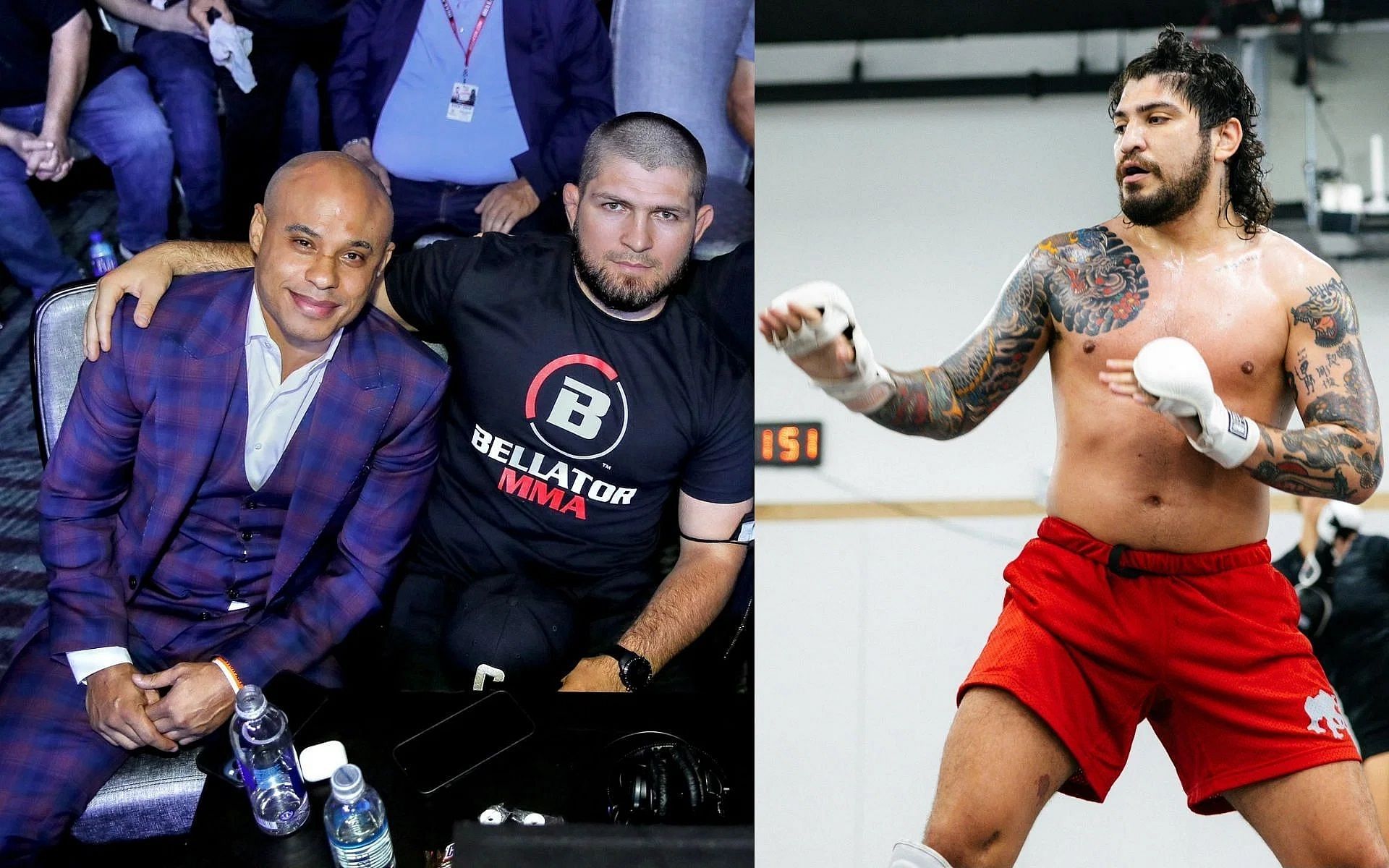 Dillon Danis (right) and Ali Abdelaziz (left) have exchanged trash talk online with Khabib Nurmagomedov (middle) at the nucleus of it [Images courtesy: @dillondanis and @aliabdelaziz00 on X]